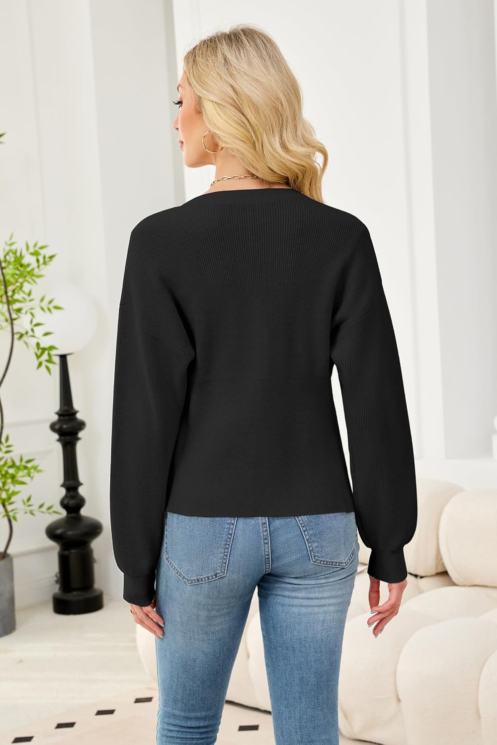 ECOWISH Cardigan Sweaters for Women 2025 Fall Long Sleeve V Neck Button Down Cropped Sweater Winter Ribbed Knit Outwear - Image 9