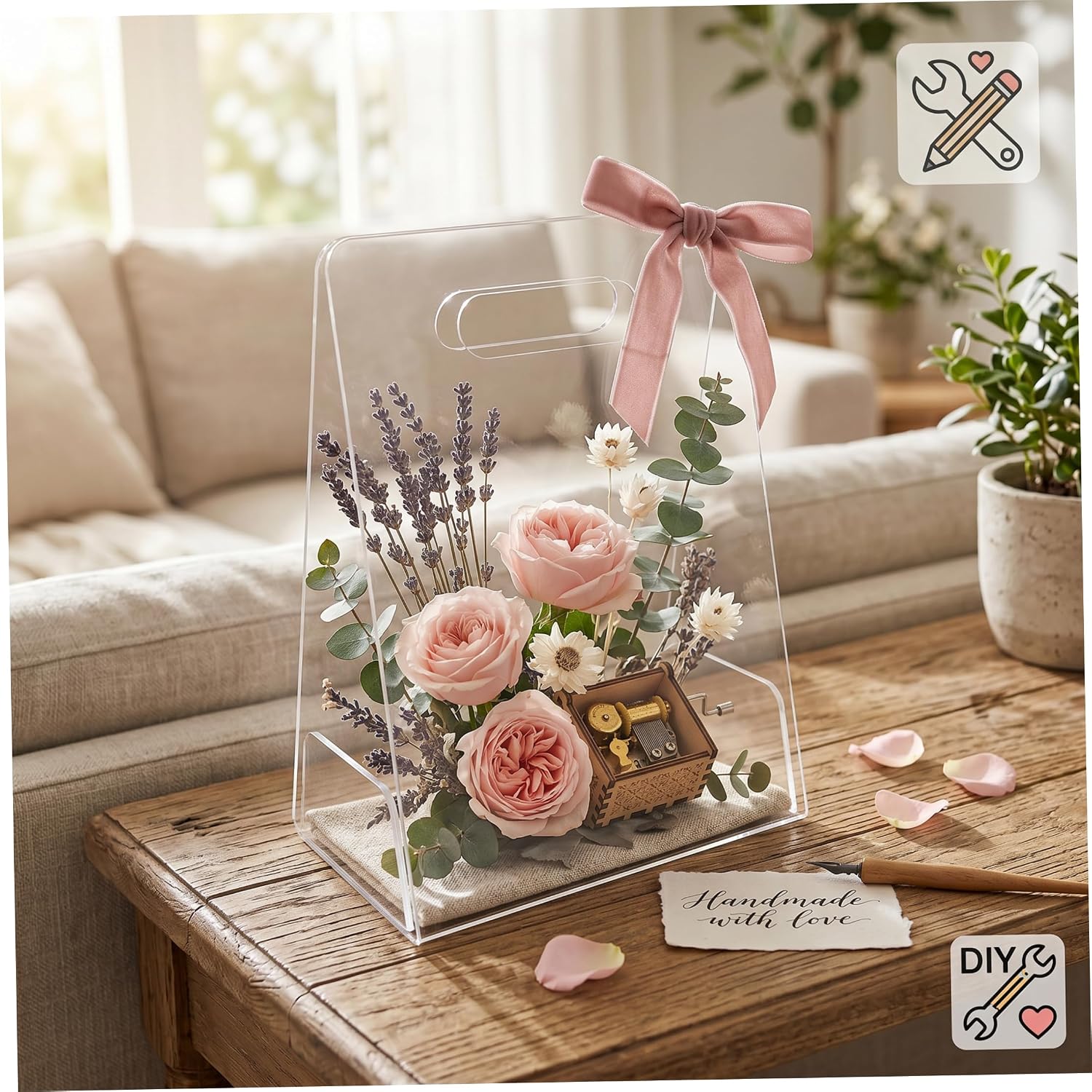 2Pcs Acrylic Flower Box Clear Flower Bag with Handle Arrangements Supplies Portable Handheld Box for Wedding Birthday Holiday 4x7x10 inch Transparent image 3