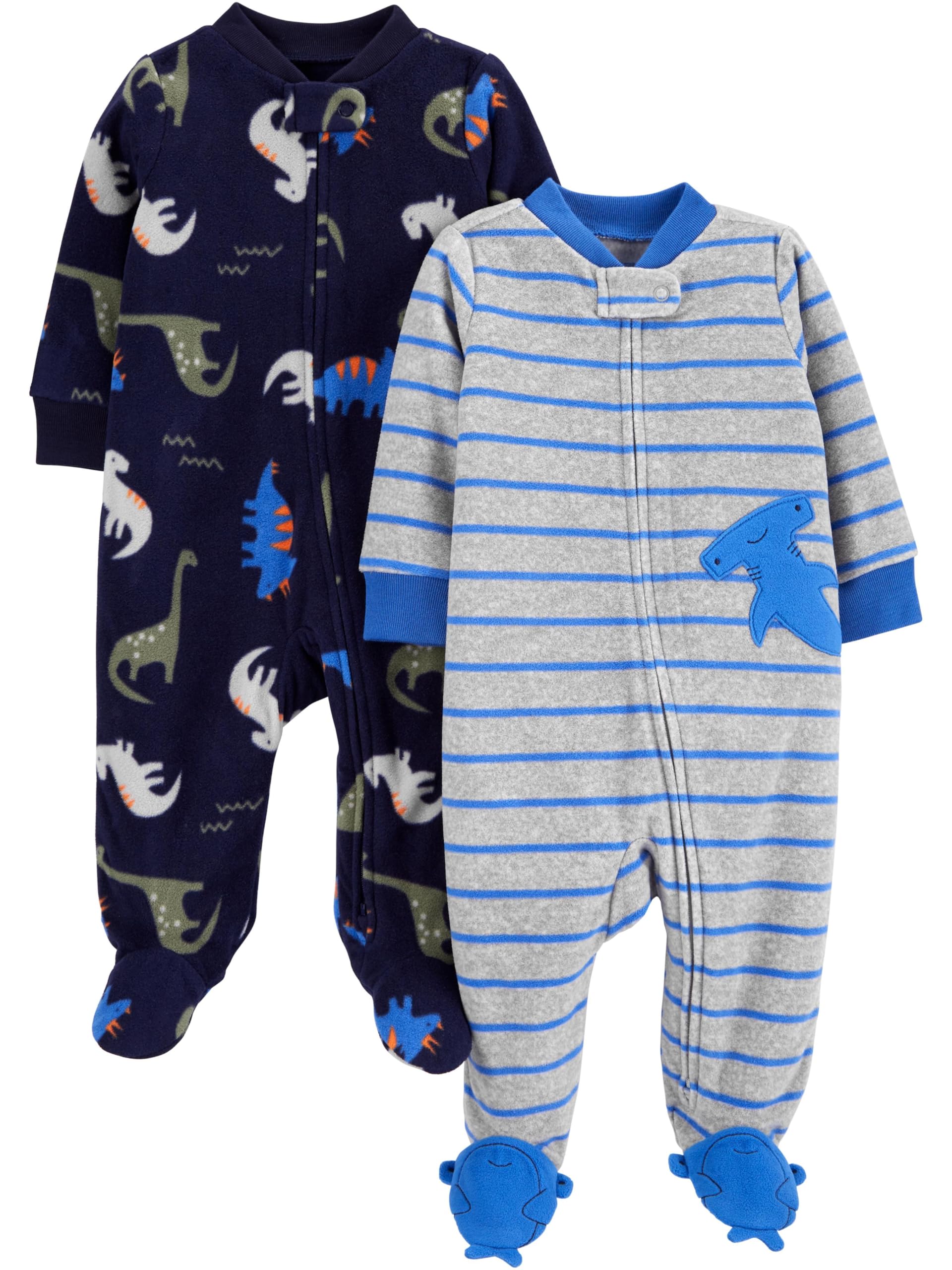 Simple Joys by Carter's Baby Boys' 2-Pack Fleece Footed Sleep and Play, Blue Dinosaur/Grey Stripe, 0-3 Months
