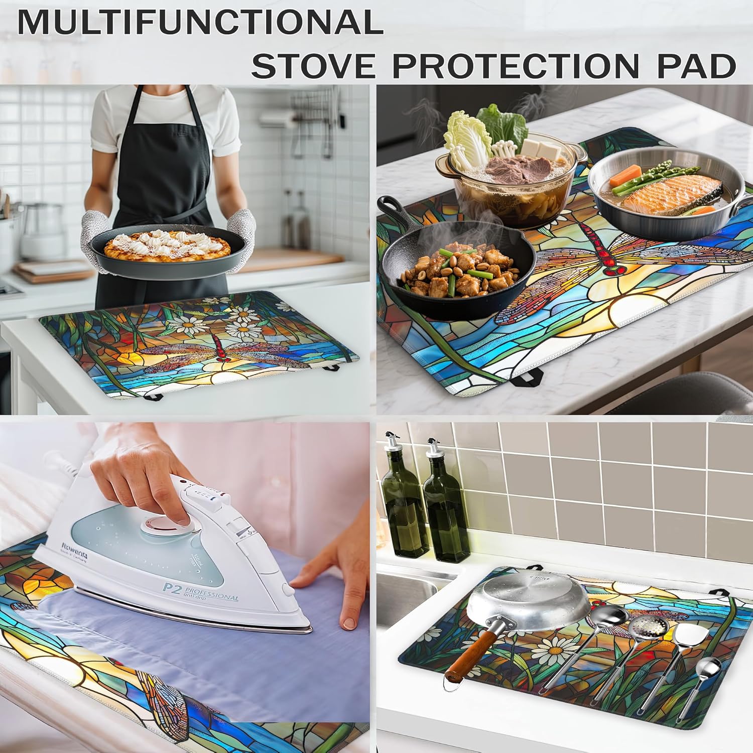 Dragonfly Glass Top Stove Cover Protector,Glass Flower Stove Top Covers for Electric Stove,Washable Heat Resistant Cooktop Mat Anti-Slip Range Covers, 28 x 20 Inch
