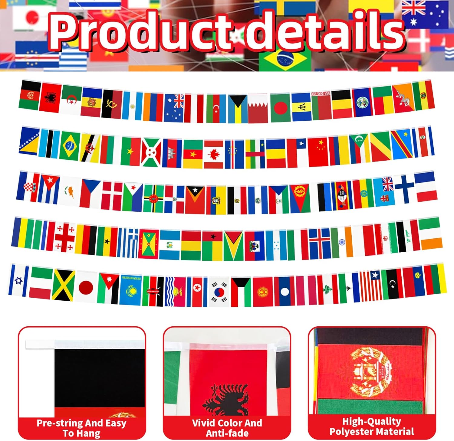 95 ft International Flag Bunting Banner, 100 Pcs World Country String Flags for Classroom, Cultural Events, Sports Festivals, School Activities, Bars, and Global Party Decorations - Image 3