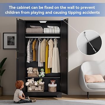 Wooden Armoire Wardrobe Closet, Wardrobe Cabinet with Door and Shelves, Freestanding Bedroom Armoires Clothing Storage Cabinet with Hanging Rod for Bedroom, Laundry Room, Cloak Room(Black)