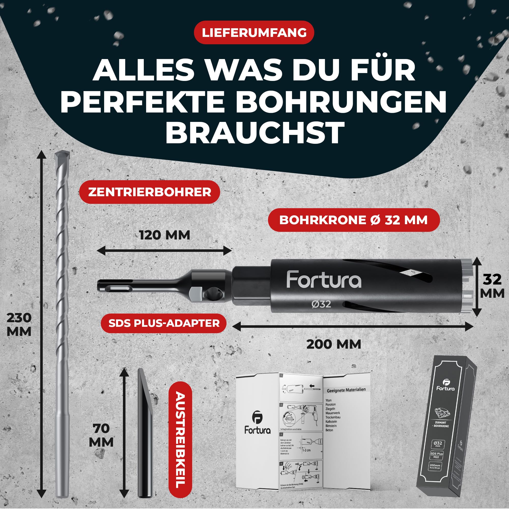 Fortura Kernbohrer/Bohrkrone Ø32-162mm/ 200mm Länge/SDS Plus/Dosenbohrer/Diamantbohrkrone/Bohrkrone Steckdose/Kernlochbohrer/Diamant (Ø32x200mm)