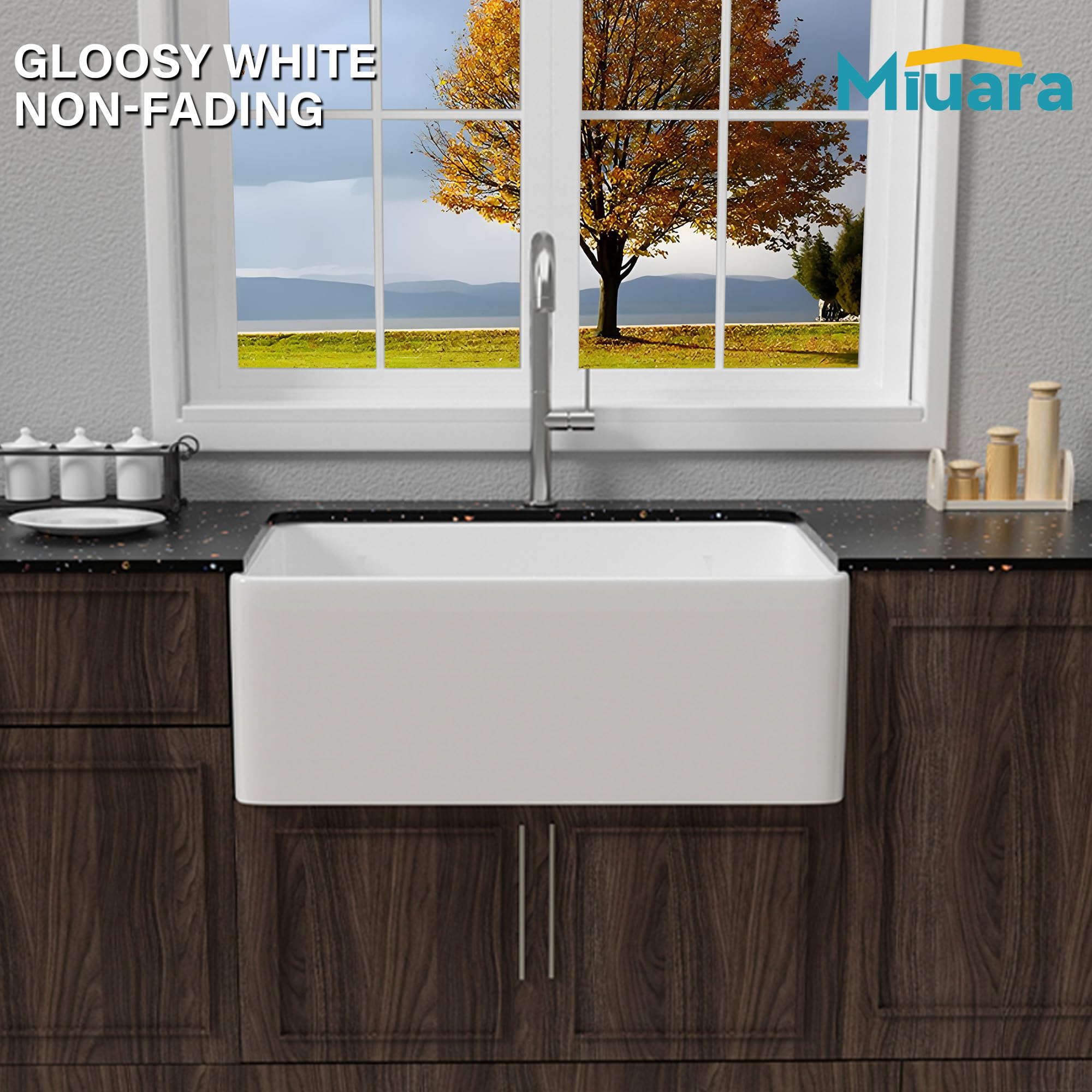 Condition photo showing New/Like New for miuara farmhouse sink 27 inch - small apron front kitchen sink reversible 27"x18", undermount farm house style single bowl, heavy duty solid fireclay, glossy white, for kitchen & laundry