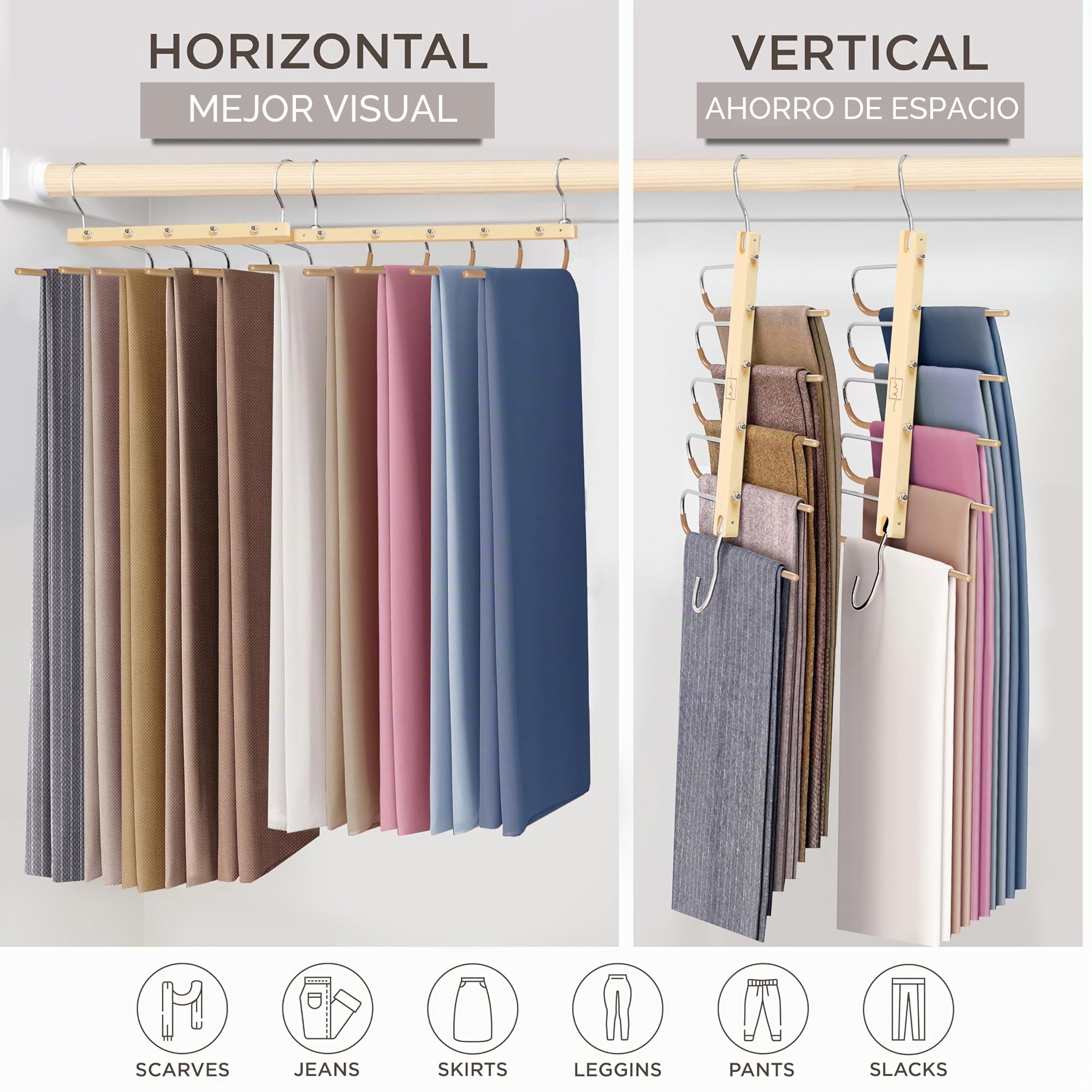 MORALVE - Paquete de 2 perchas para pantalones de madera de haya europea - Ahorrador de espacio para vaqueros y bufandas - Organizador de armario y portapantalones, porta leggings y porta bufanda con