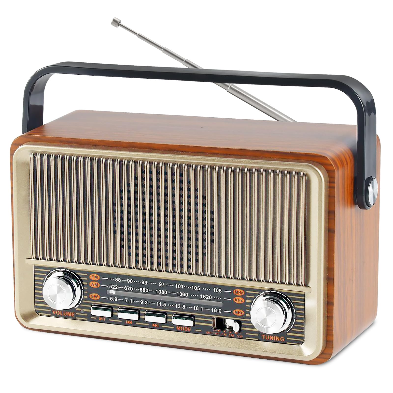 Radio rétro avec Bluetooth, petite radio de valise nostalgie avec AM/FM/SW3, USB/TF/AUX, rechargeable, radio de cuisine, radio vintage pour cuisine, bureau, extérieur