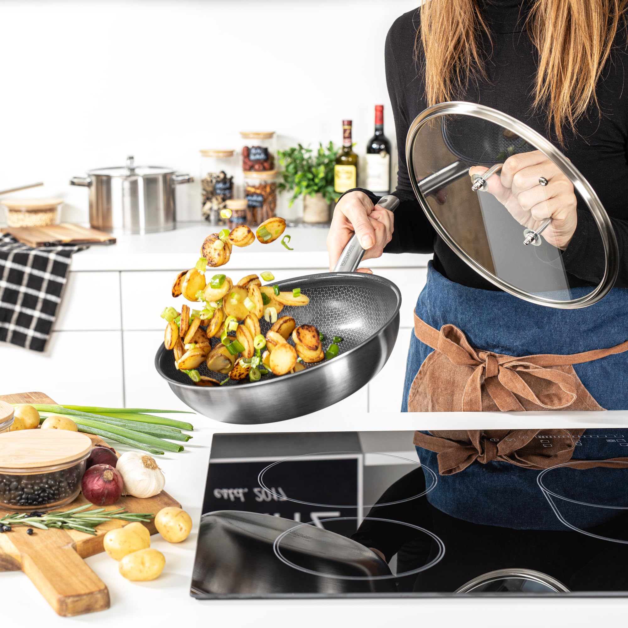 Moritz & Moritz Universeel glazen deksel 24 cm voor pannen en potten - hittebestendig - vaatwasmachinebestendig - universeel pannendeksel 24 cm - roestvrij staal - met stoomventiel - deksel voor pan