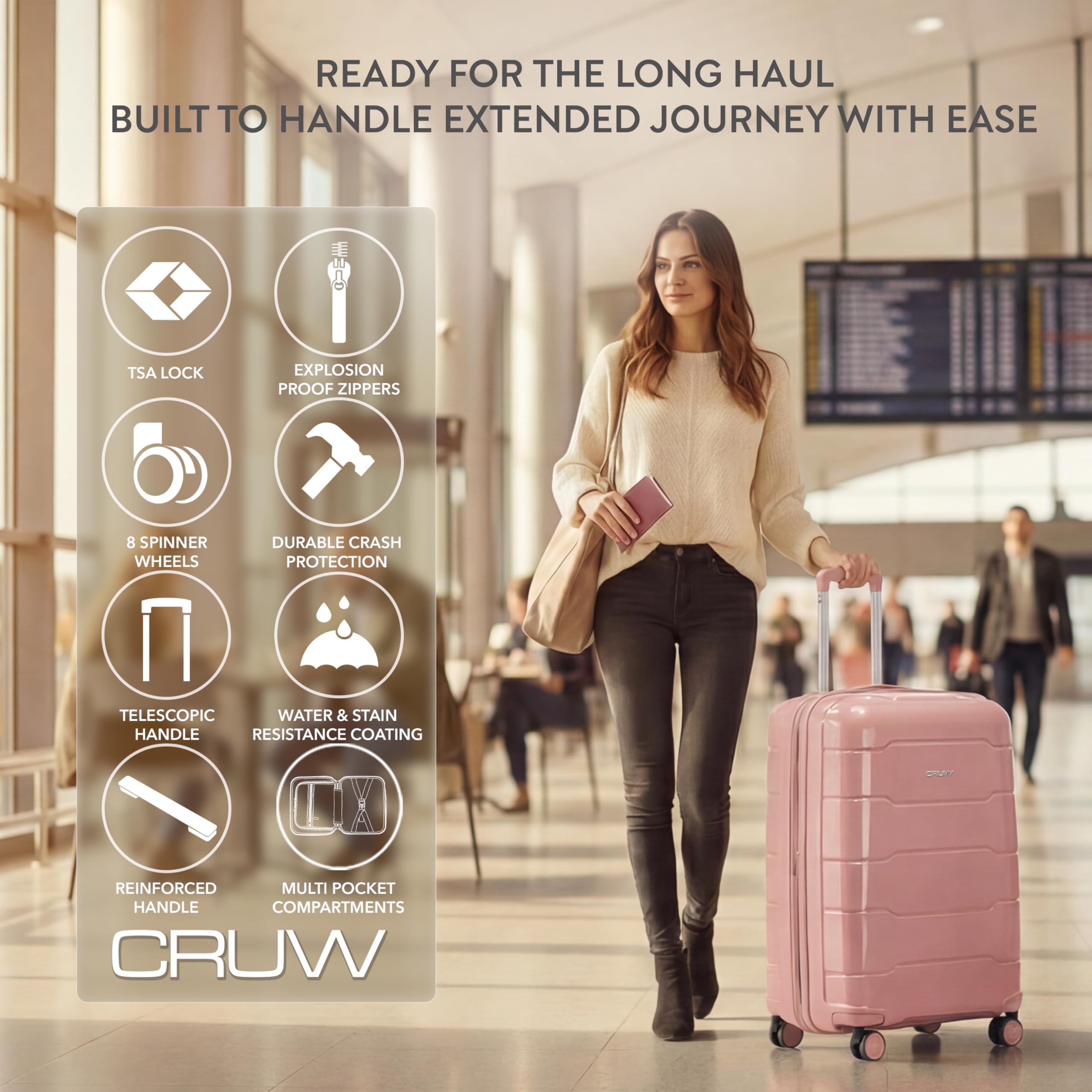 CRUW Medium 24" Checked Luggage 56x45x29cm + Expandable Hold Baggage (64/80 Liters) Polypropylene Suitcase TSA Approved Lock 8 Silent Spinner Wheels Lightweight Suitcases Airline-Approved Travel