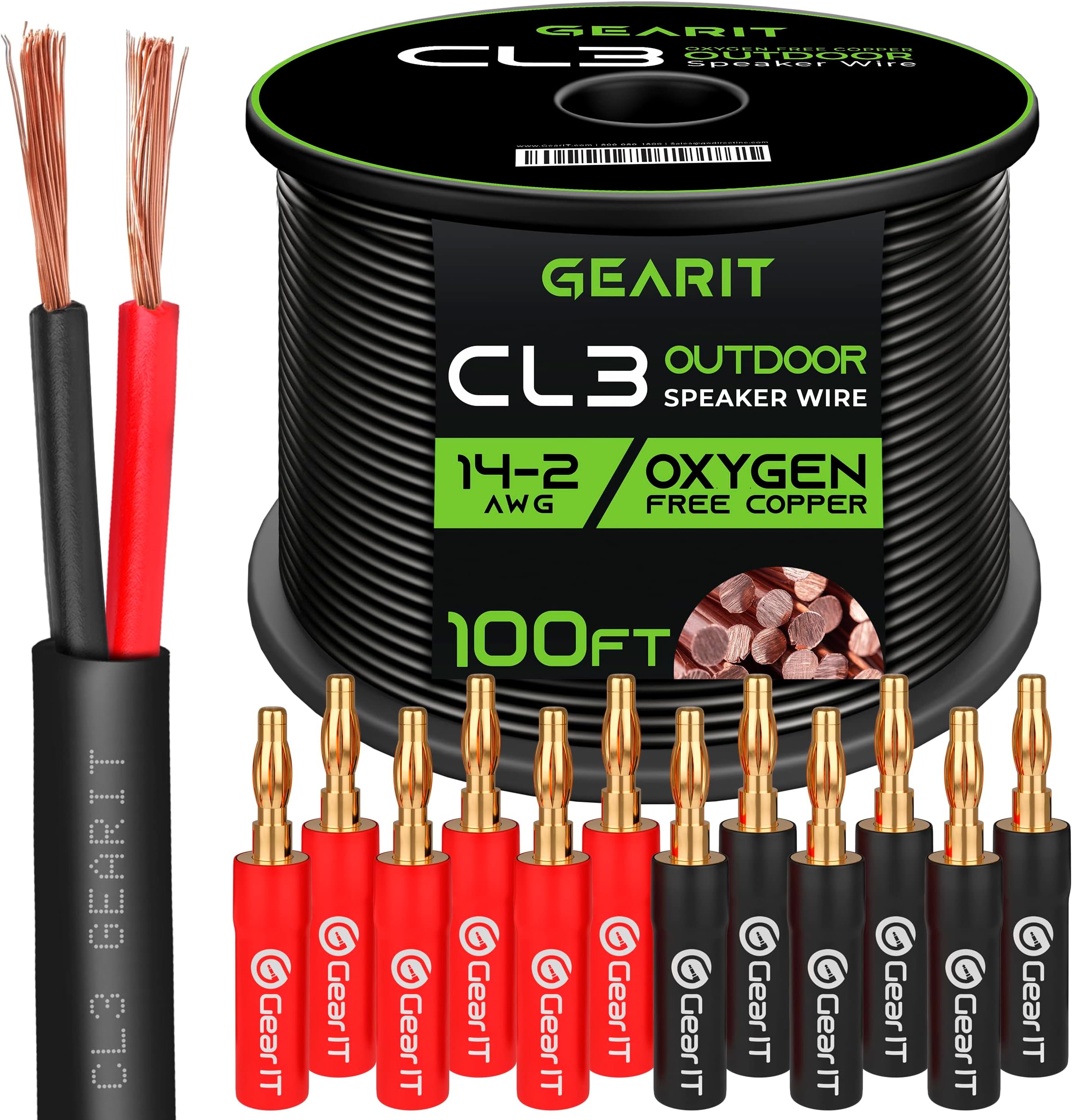 GearIT 100ft 14 AWG CL3 Speaker Wire & 12 Banana Plug OFC