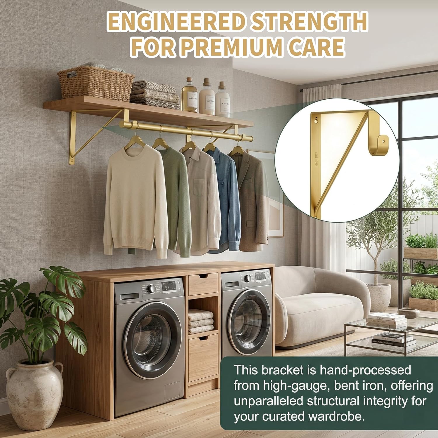 4 Pack Heavy Duty Closet Shelf and Rod Brackets, 11x10 Inch Gold Metal Shelf Brackets with Rod Holder for 12" Wood Boards, Wall Mounted Center Support Bracket for Walk-in Closet & Laundry Room