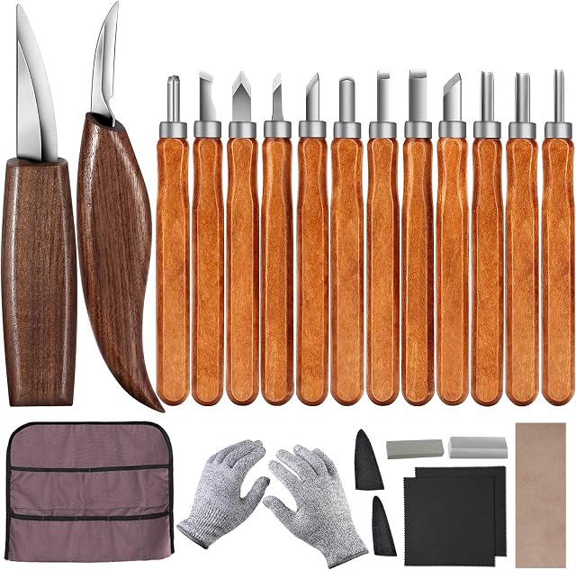 Souarts Wood Carving Tools 23 in 1Wood Carving Beginner Kit Cut Resistant Gloves, Whittling Knife, Hook Knife, Detail Knife, Carving Knife Sharpener for DIY Carpenter Sculpture
