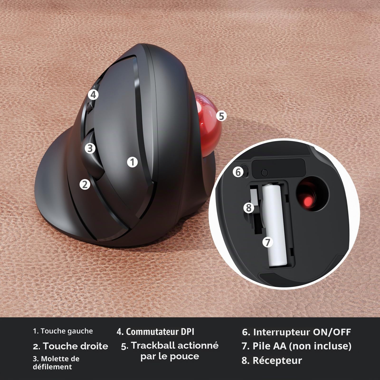 MicroPack Souris Trackball sans Fil, Souris d'ordinateur à Bille Verticale Ergonomique Mise à Niveau 2023, 3 DPI réglables, contrôle Facile du Pouce pour PC, Ordinateur Portable, Mac, Windows – Noir