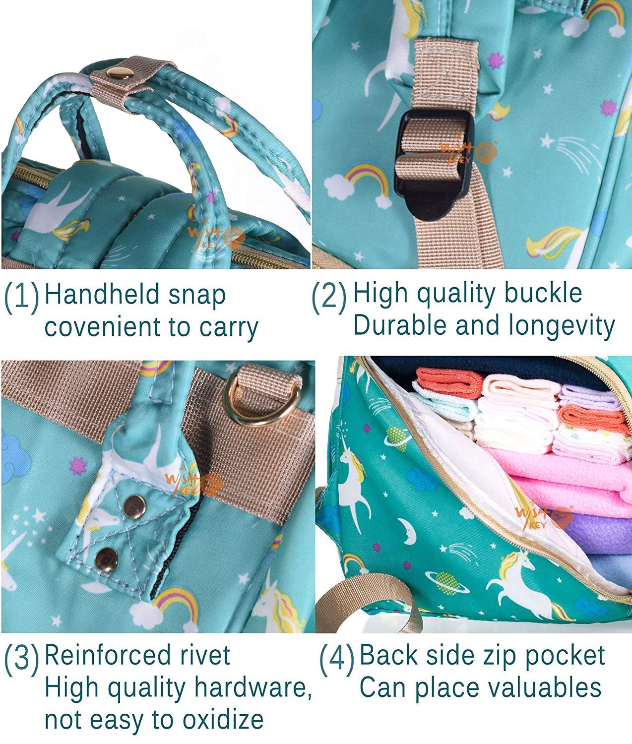 House of Quirk Baby Diaper Bag Maternity Backpack (Green Unicorn) 3