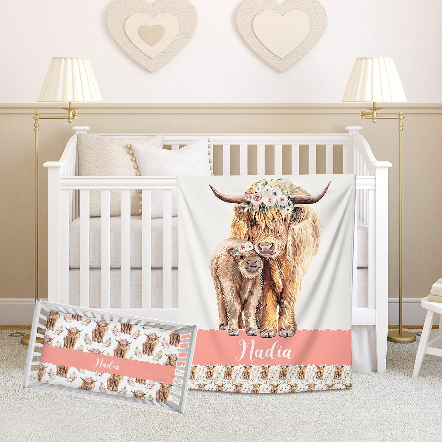 Personalized Baby Crib Bedding Sets for Baby Boy, Custom Cute Cow Baby Girl Crib Bedding Set with Name, Blue Nursery Bedding, 2 Piece Bedding Sets, Name Crib Comforter, Crib Fitted Sheets for Babies