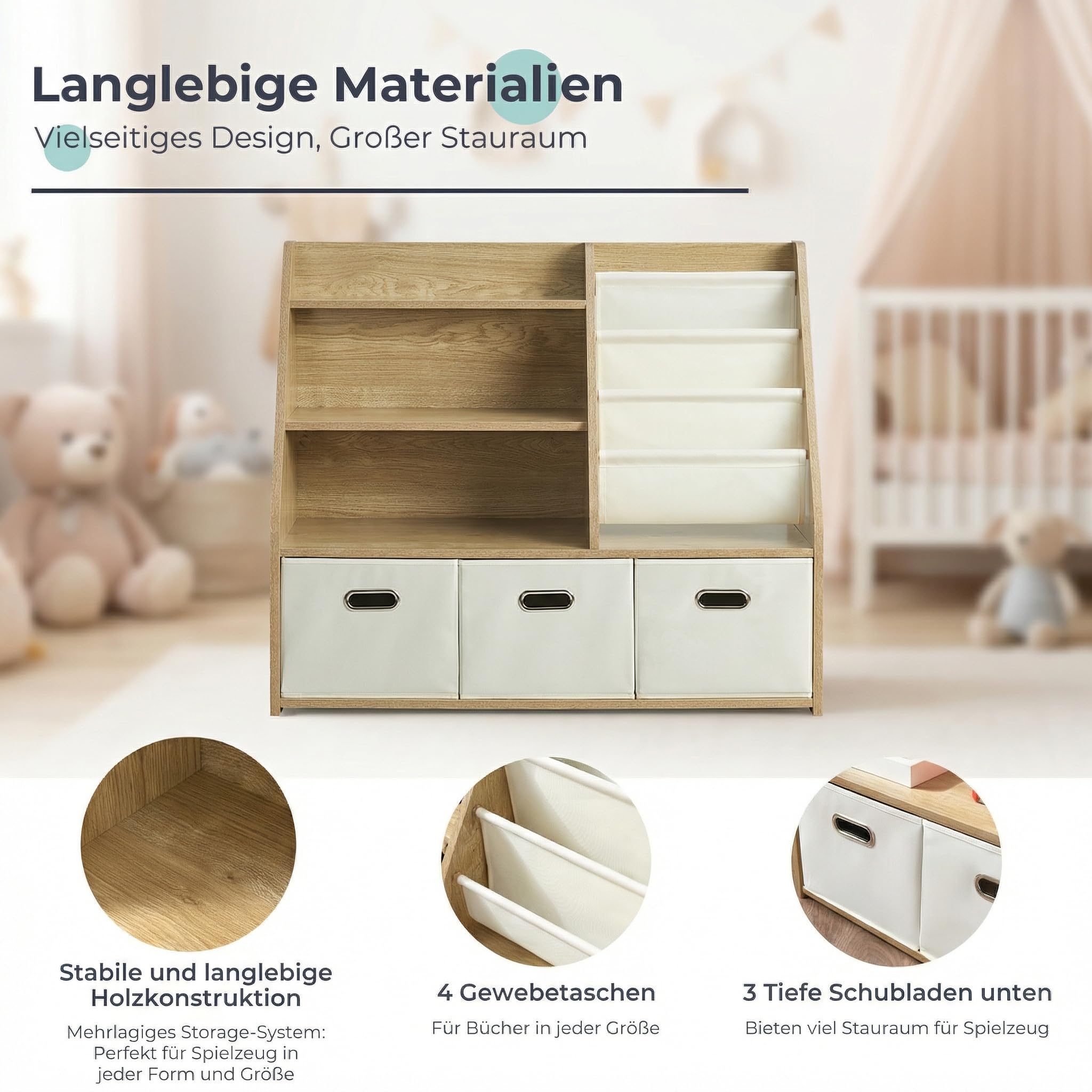 Bibliothèque pour Enfants avec Rangement - Étagère à Jouets Montessori à 4 Niveaux en Bois avec 3 tiroirs et 4 boîtes en Tissu - Organisateur pour Chambre d'enfant et Salle de Jeux