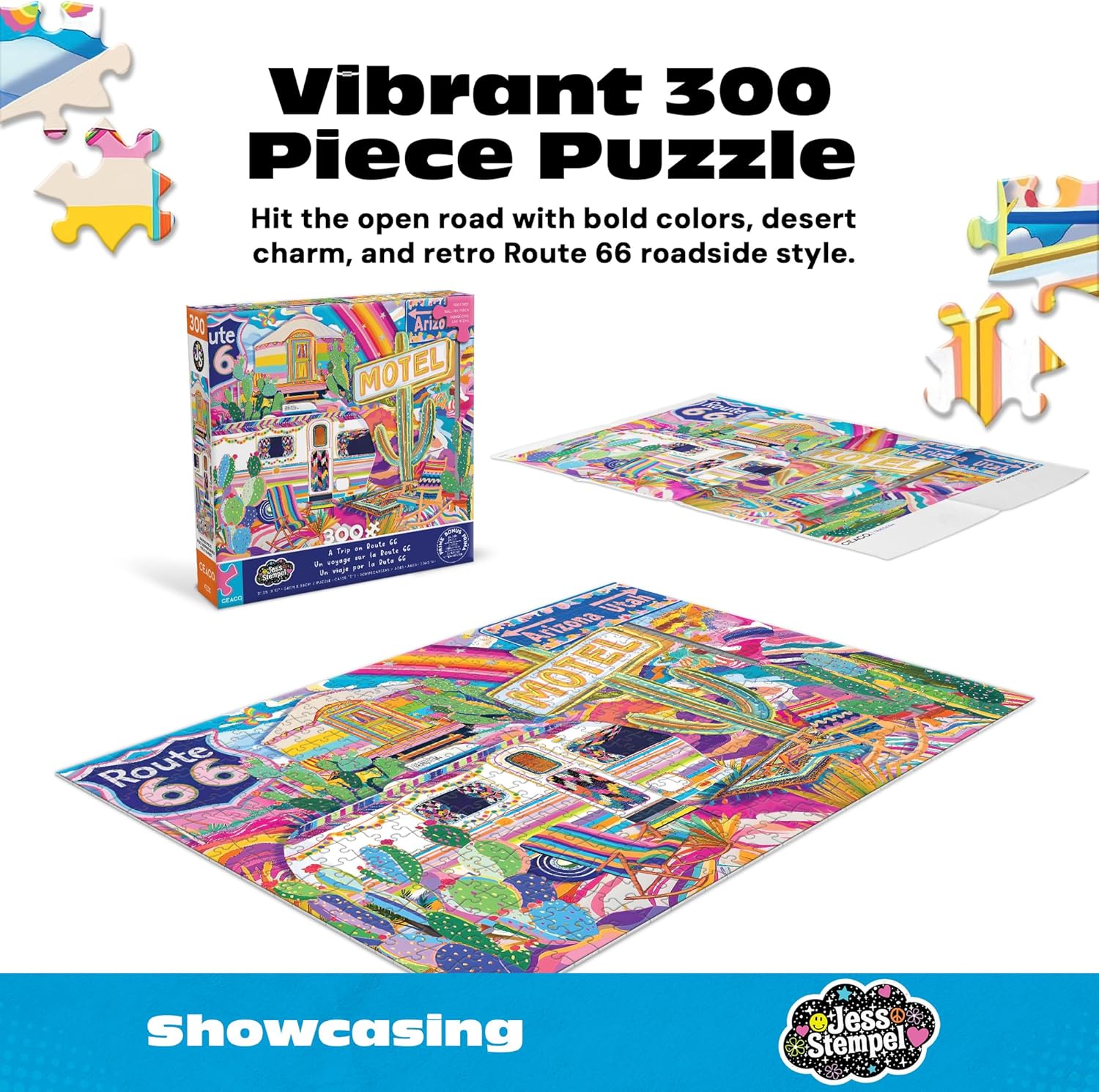 Ceaco - Jess Stempel - A Trip on Route 66-300 piece Jigsaw Puzzle - Colorful Puzzles for Adults – Precision-Cut Pieces, Beautiful Artwork, and Hours of Relaxing Fun