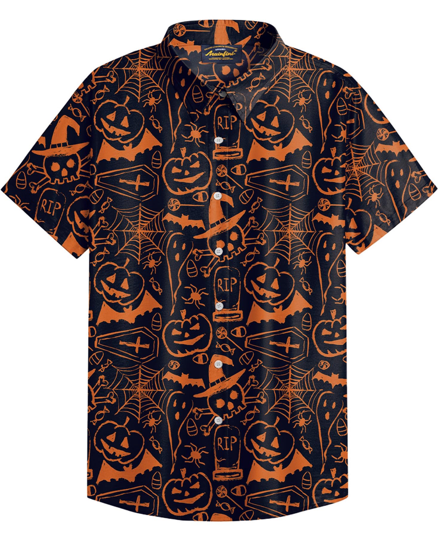 MainfiniMens Halloween Shirts Short Sleeve Button Down Pumpkins Bat Printed Skull Shirt Casual Ghost Themed Casual S-XXL