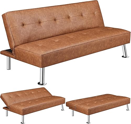 Yaheetech Sofá convertible futón sofá cama de cuero sintético sofá cama ajustable sofá futón muebles de sala de estar con patas de metal cromado