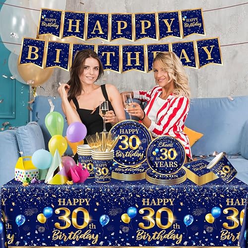 Miniatura 2 de Decoración de cumpleaños número 30 para hombre, juego de vajilla de cumpleaños azul marino y dorado (reserva para 20), incluye platos de feliz