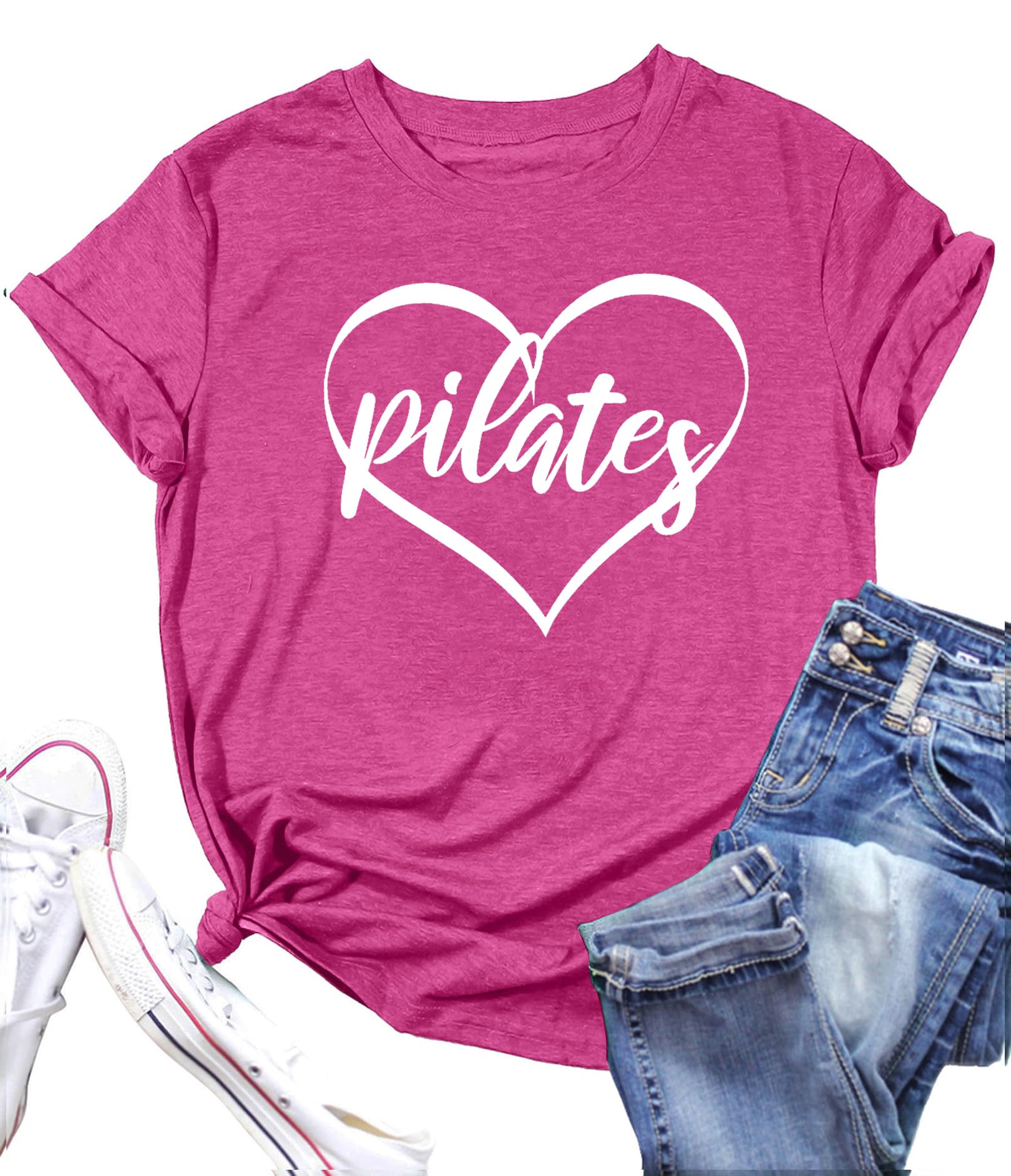 PECHAR Pilates Shirts for Women - Yoga Workout Graphic Heart Tees Sports Lover Tops Pilates Teacher Gifts Blouse T-Shirts