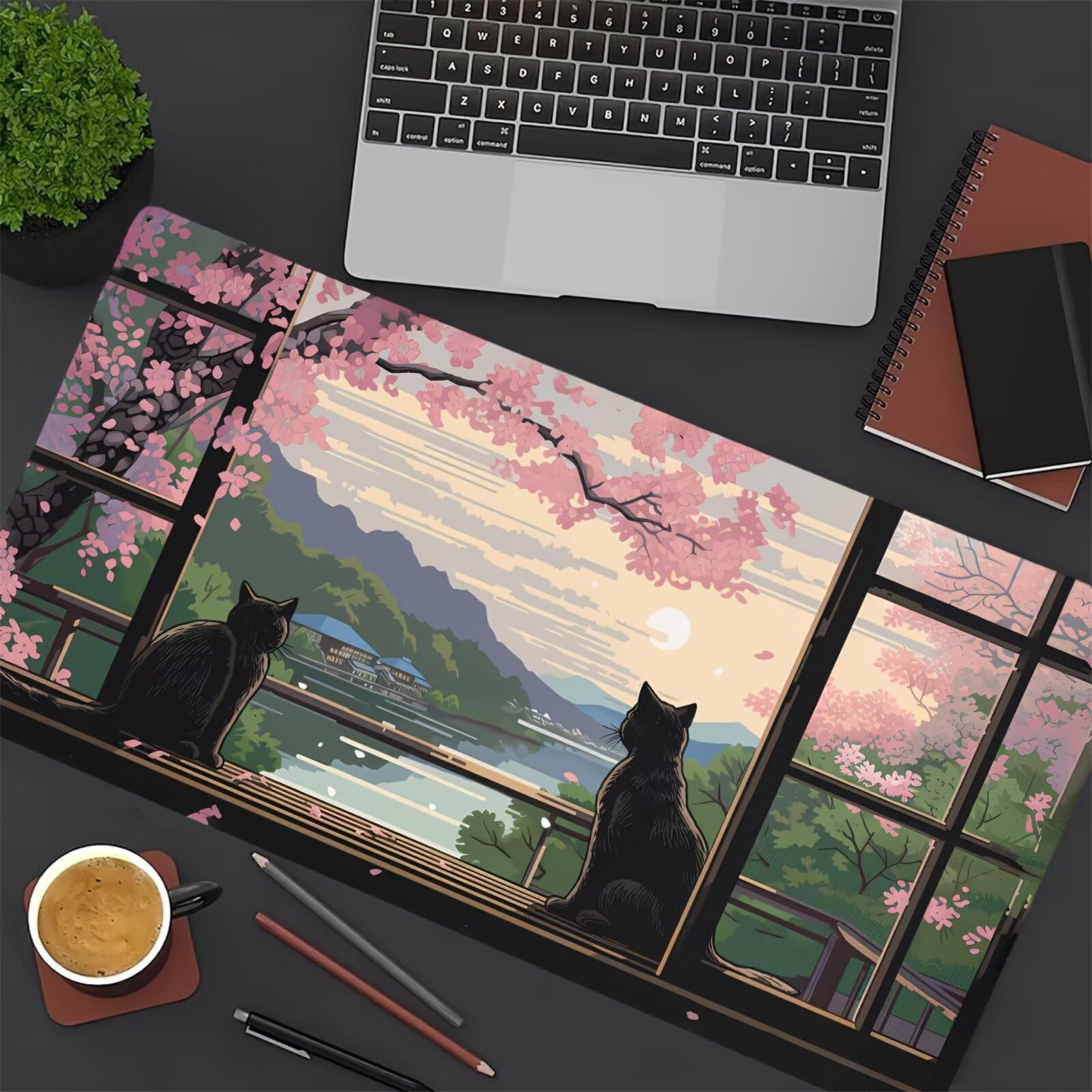 Grand Tapis de Souris de Jeu 1000x500x2 mm Mouse Pad Gaming Chat Fleurs Cerisier Tapis de Bureau Antidérapant avec Bords Cousus pour Bureau, Études, Gamer