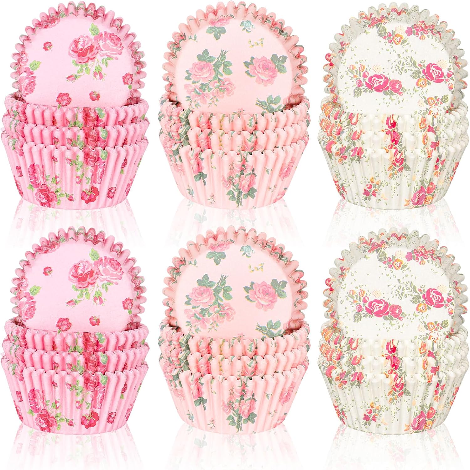 JarThenaAMCS 300Pcs Spring Floral Cupcake Liners Pink Watercolor Flower Baking Cups Muffin Liners Cupcake Wrappers for Wedding Bridal Shower Birthday Tea Party Supplies, 3 Styles