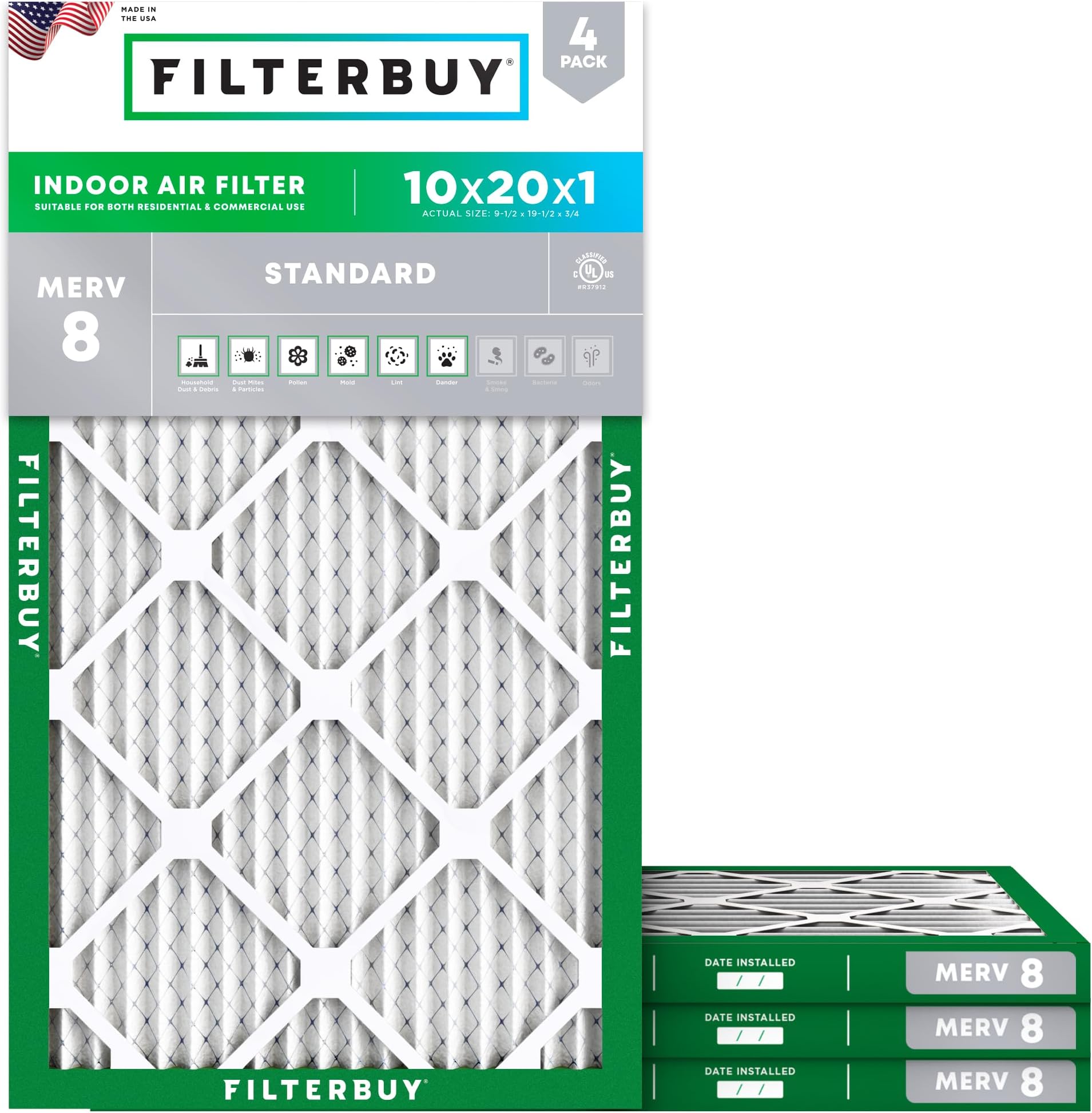 10x20x1 Air Filter MERV 8 Essential Dust & Allergy Defense (4-Pack), Electrostatic Pleated HVAC AC Furnace Filters Replacement (Actual Size: 9.50 x 19.50 x 0.75)