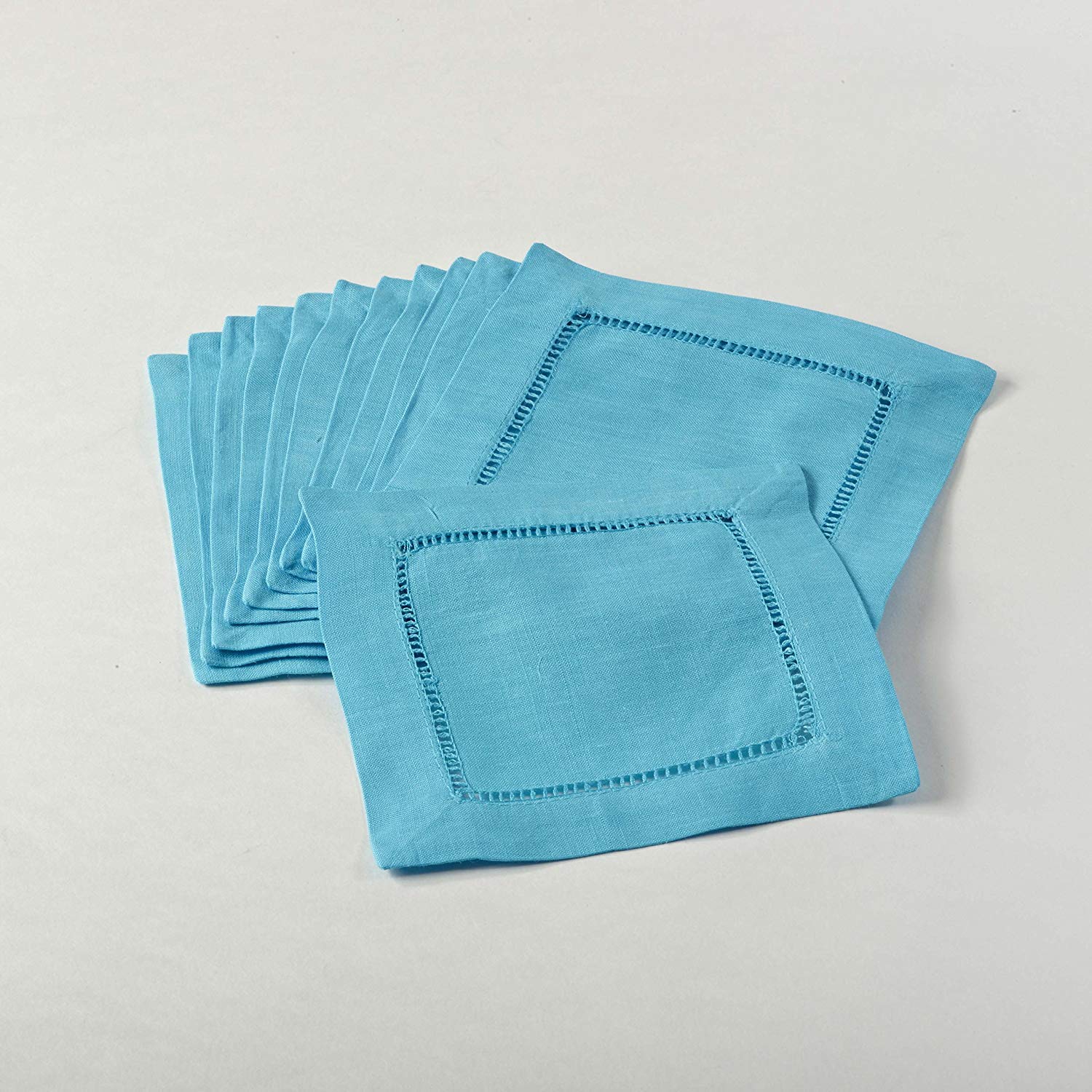 Fennco Styles Solid Color Vibrant Hemstitched Linen Blend Coaster Cocktail Napkins 6 x 6 Inch, Set of 4, Turquoise