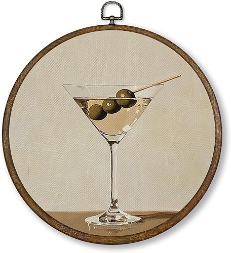 Qskjre Arte de pared de Martini de moda, decoración de carrito de bar, diseño de cóctel redondo con marco de madera, arte de pared vintage de