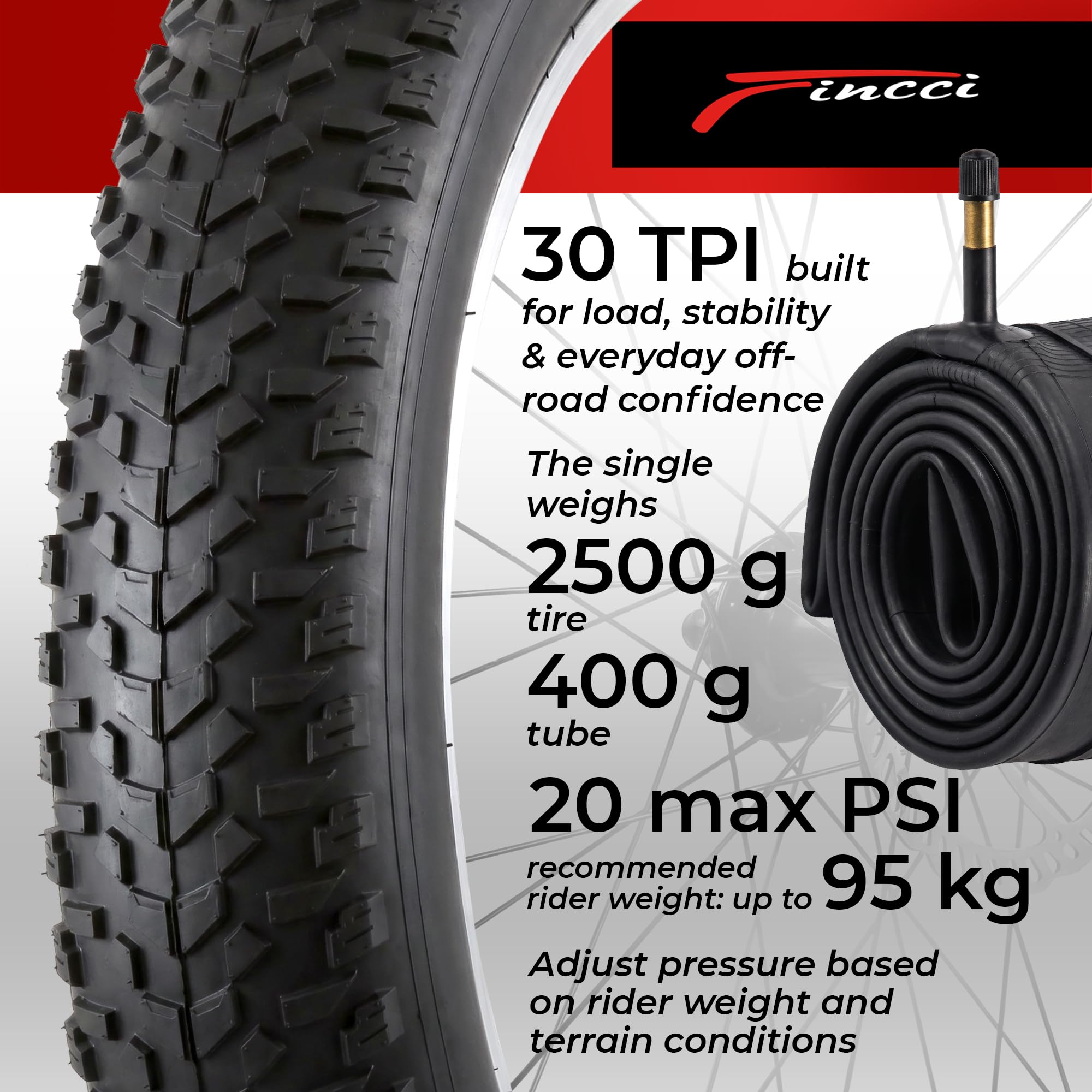 Fincci Pneus 26x4.00 Pouces - Paire Pneus Fat Bike Con 2X Chambres à Air de Valve Schrader 100-559, pour VTT, Vélos des neiges, Plage, Pable et Routes Poussiéreuses - Un Paquet de 2