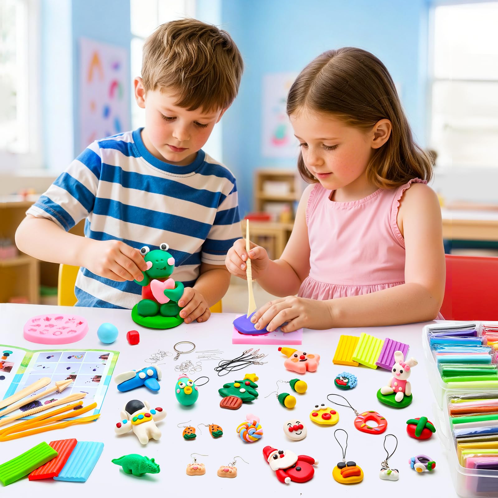 Bridokit 54 Pcs Pate Polymere, Cuisson Argile Polymère, Pâte Polymère pour Enfants avec 19 Outils de Modélisation et 2 Moules en Silicone, Cadeau de Noël pour Enfant
