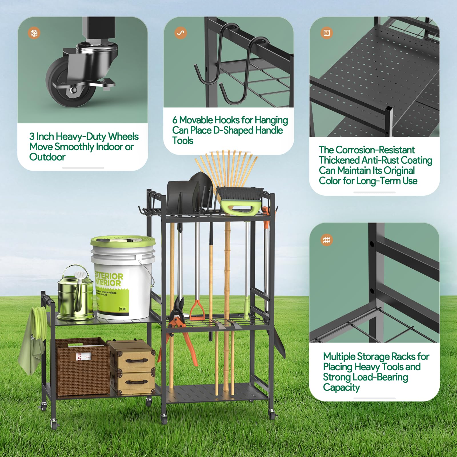 Kit Supporto Attrezzi Da Giardino | 4 Rack Metallici Con 22 Ganci | Regolabile Per Garage E Officina