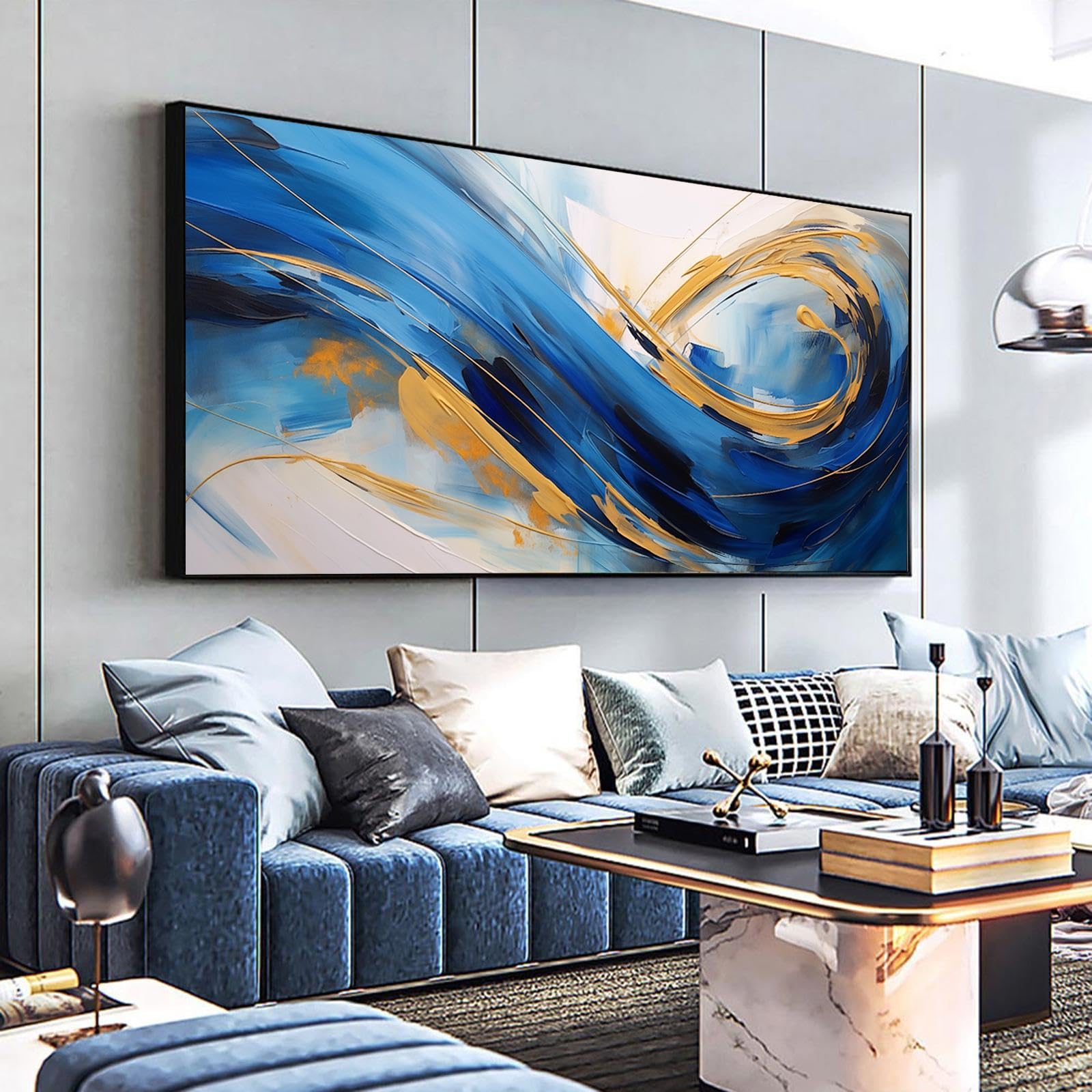 Set Di 3 Quadri Astratti Blu E Giallo – Stampe Geometriche Su Tela 50x70 Cm, Senza Cornice, Decorazione Moderna Per Soggiorno