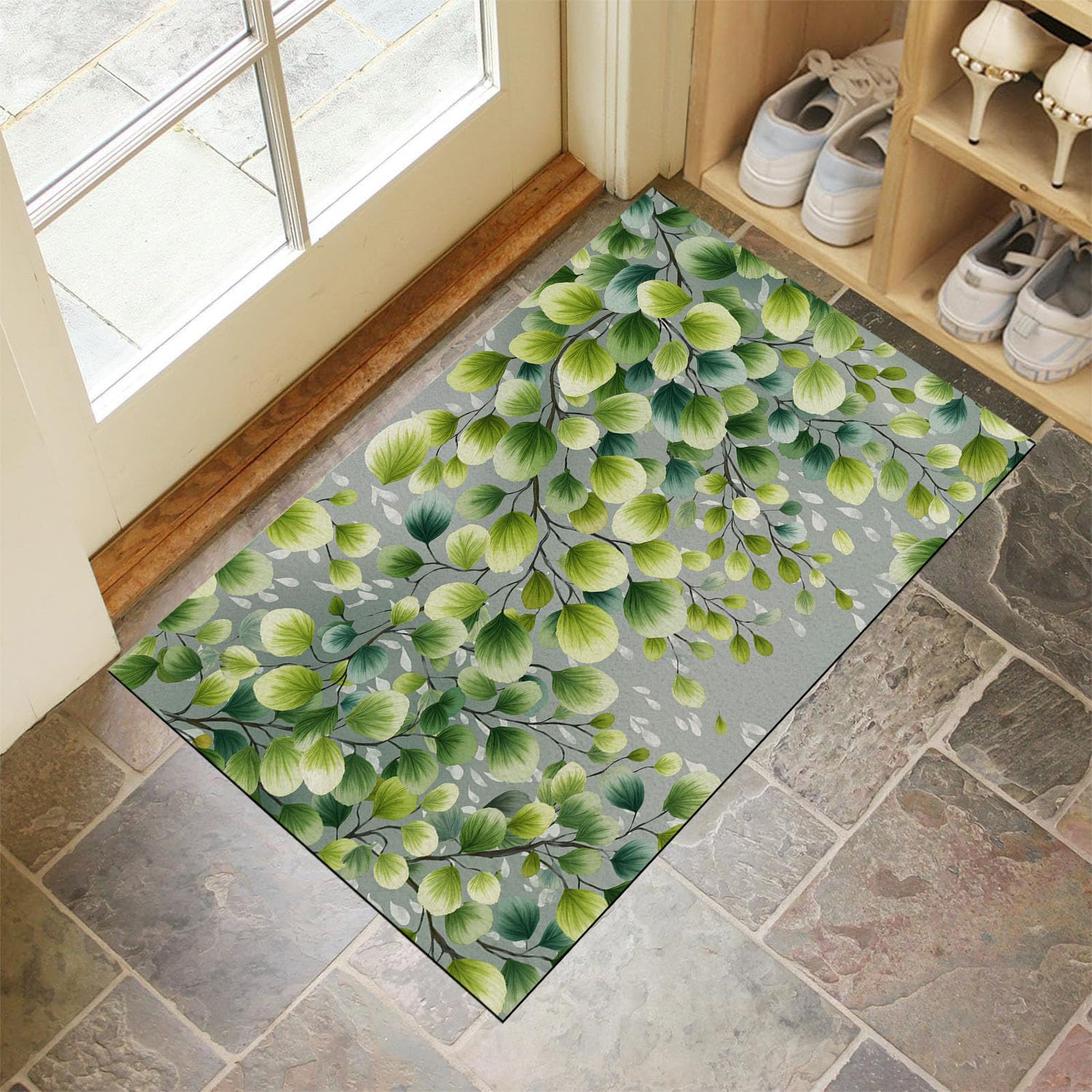Tapis d'entrée intérieur lavable 80x120cm paillasson fin plantes gris-vert