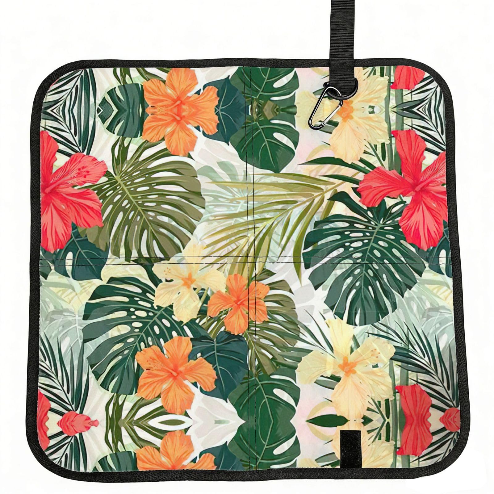 SDEGTHO Vegetation Leaves with Hibiscus Flowers Printed Foldable Seat Pad with Closure, Lightweight Cushion for Airplane Travel Camping