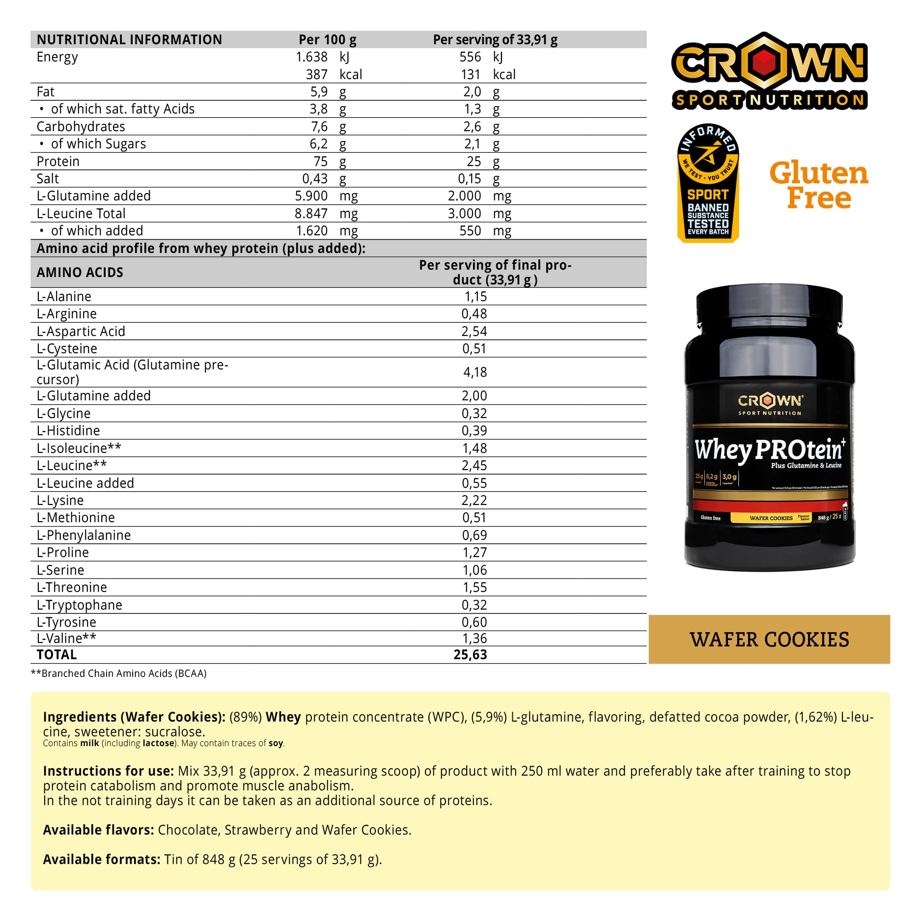 Crown Sport Nutrition Whey PROtein+ | Proteína de Suero de Leche (WPC) con 25 g de proteína + 3 g de Leucina y Glutamina | Alta solubilidad, sabor premium | Certificado antidoping Informed-Sport
