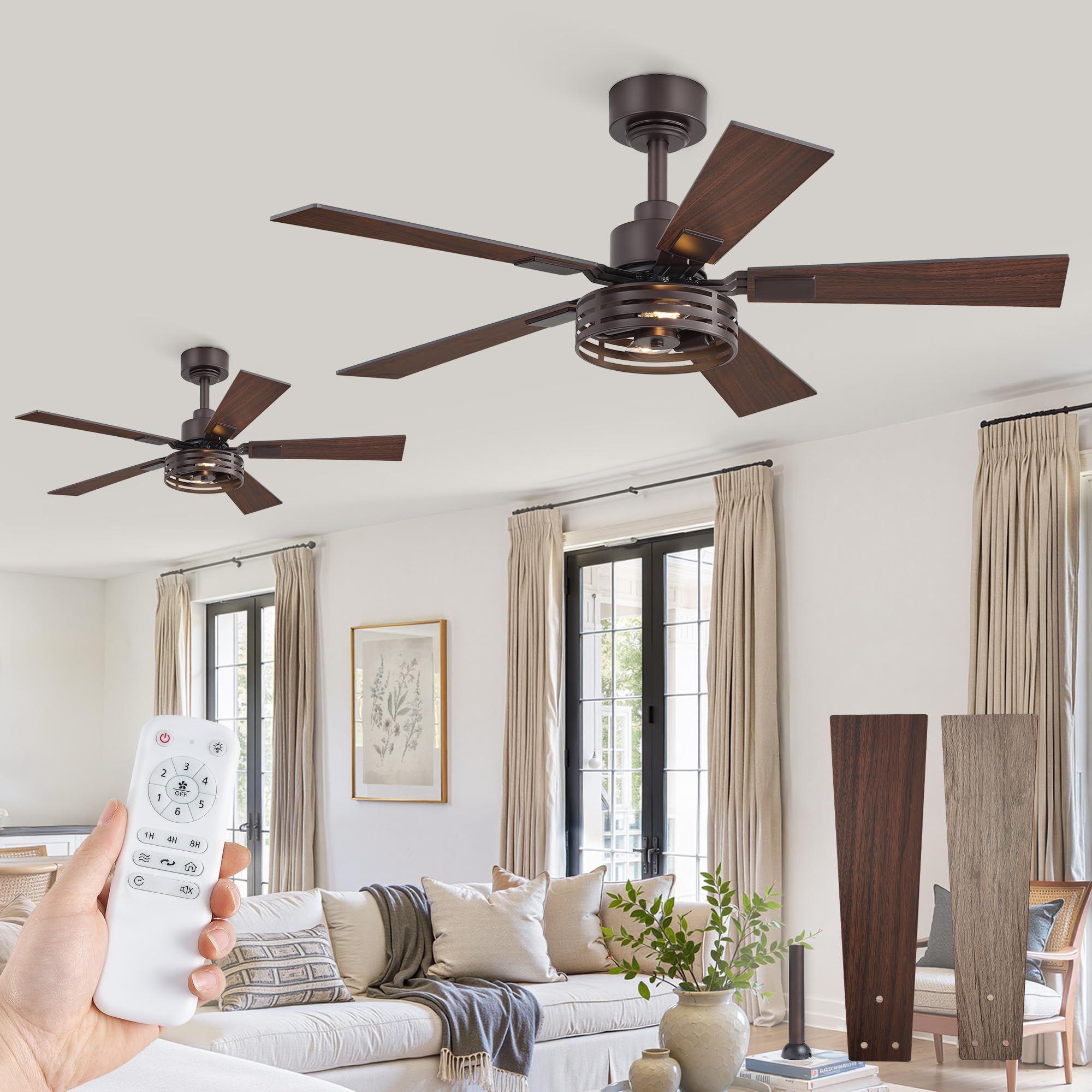 Photo 1 of 42 Inch Farmhouse Ceiling Fan with Lights 2 Pack, Rustic Bronze Ceiling Fans with Remote, 5 Dual Finish Blades, Quiet 6 Speed Reversible DC Motor, Caged Industrial Fan for Bedroom, Living Room, Patio