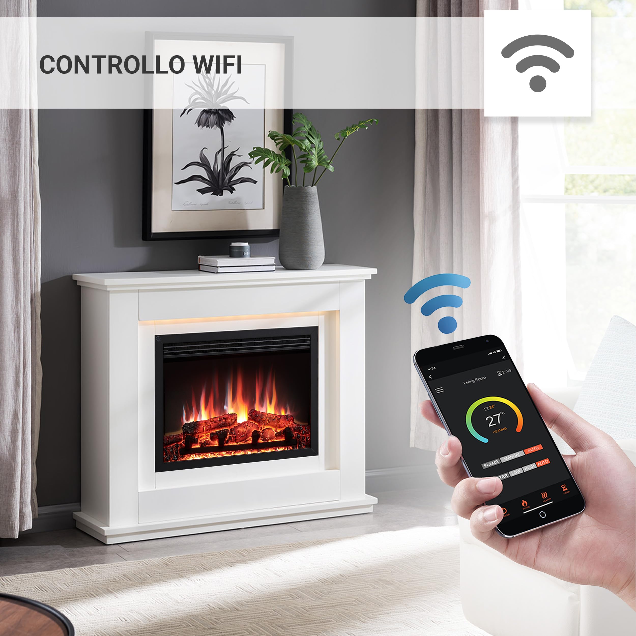 BALDERIA camino elettrico Baldur | Caminetto elettrico a pavimento con effetto fiamma 3D | Riscaldamento elettrico 2000 W | Focolare con app, telecomando, timer, termostato | Bianco