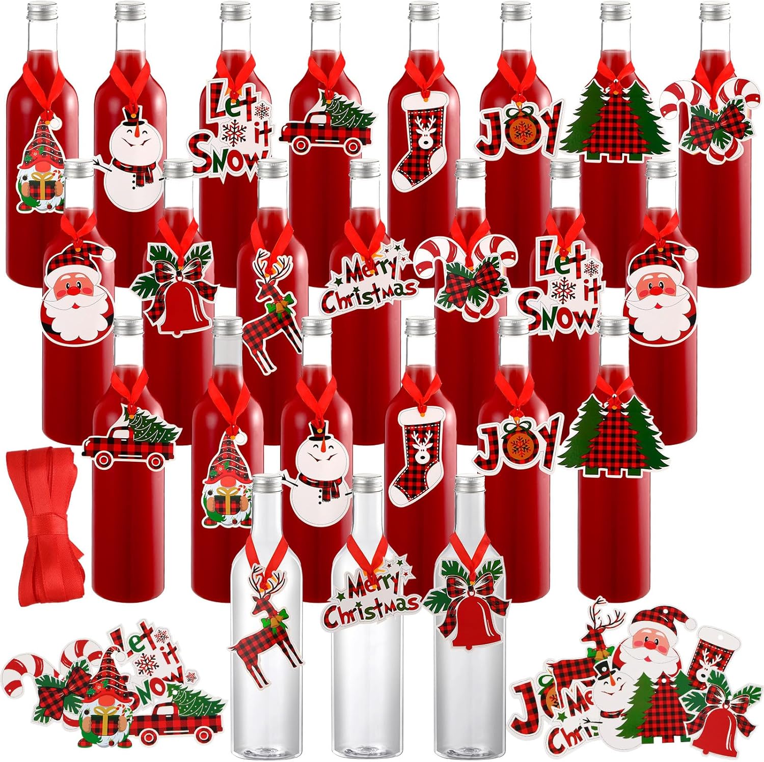 Zhehao 24 Set 750 ml Christmas Clear Wine Bottles with Caps Tags 25 oz Holiday Xmas Home Empty Brewing Wine Bottle Botellas Para Coquito for Kitchen Bar Party New Year Decoration(Red and Black Plaid)