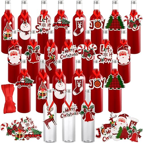 Juego de 24 botellas de vino transparentes de Navidad de 25.4 fl oz con tapas y etiquetas, botellas de vino vacías de Navidad para el hogar,