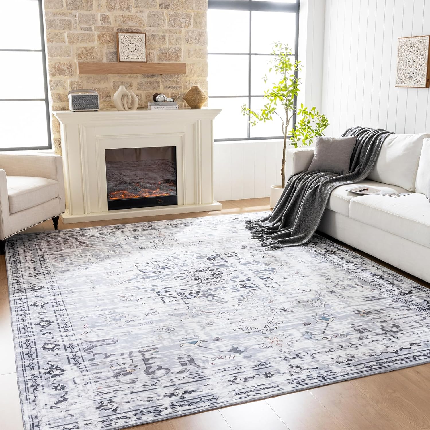 6x9 Washable Area Rug Vintage Distressed, Low Pile Large Rug with Non Slip Backing & Reinforced Edges, Ultra Soft Foldable Indoor Carpet for Living Room, Bedroom, Dining Room, Office, Gray Grey 9' x 6' (Rectangular)