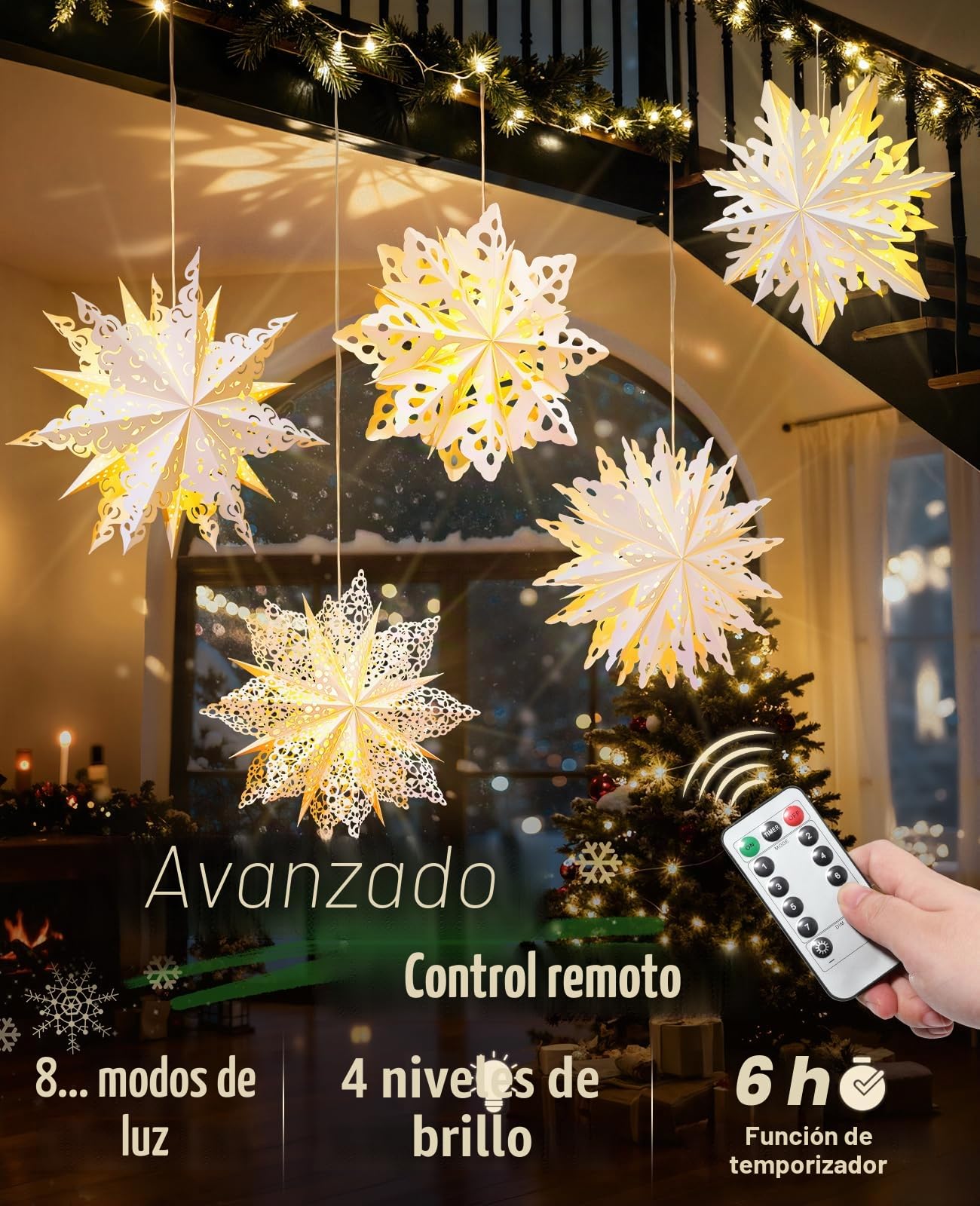Luxspire Linterna Estrella de Papel de Navidad, 5 Pack Luces Colgantes de Copo de Nieve de Papel con Cuentas de Luz LED y Control Remoto, Linternas Decorativas Plegables para Fiestas Navideñas