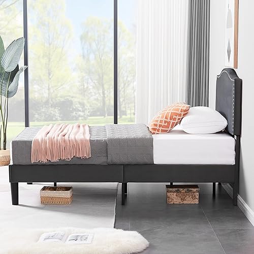 Miniatura 5 de VECELO Base de cama tamaño individual, base de cama de plataforma con cabecera tapizada de altura ajustable, marco resistente y fuerte soporte de