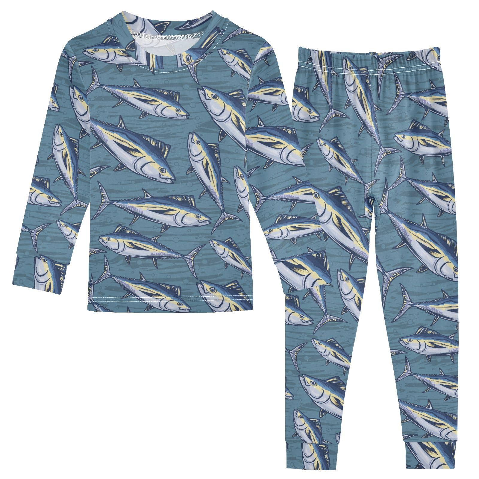 JHKKU Marine Tuna Fish Pajamas Set Cotton 2 Piece Soft Comfy Pjs Long Sleeve Lounge Sleepwear 8Y