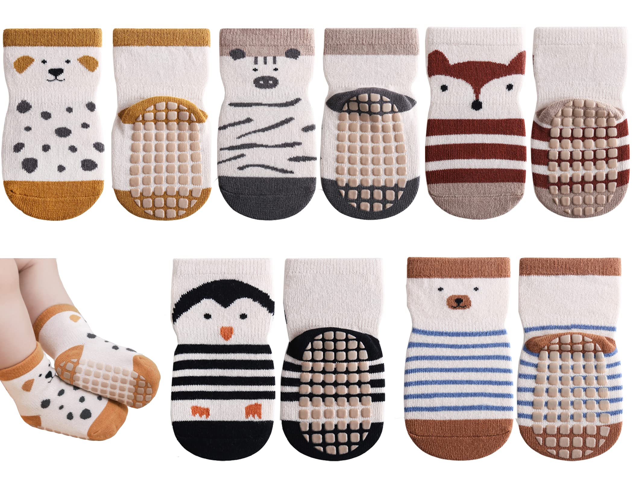 ExemabaBaby Socks with Grips for Girls Boys 5 Pairs Cute Animal Cartoon Toddler Kids Anti-Slip Socks