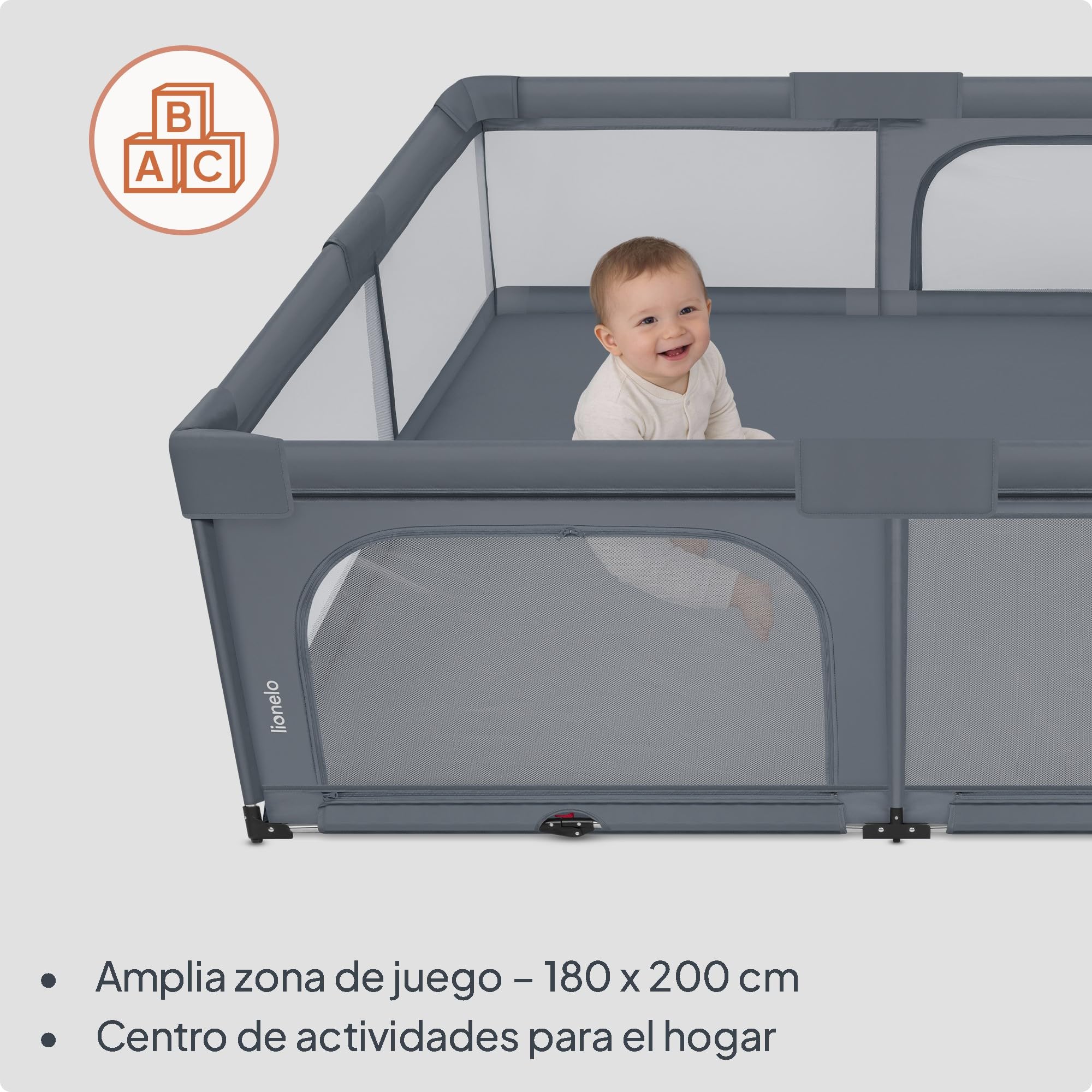 Lionelo Florence XL Easy Fold Parque Infantil Bebé Plegable, Corralito Bebé XL con Rejilla Transpirable, sin Montaje, 2 Entradas con Cremallera, Bordes Acolchados y Fácil de Limpiar, 180 x 200 cm