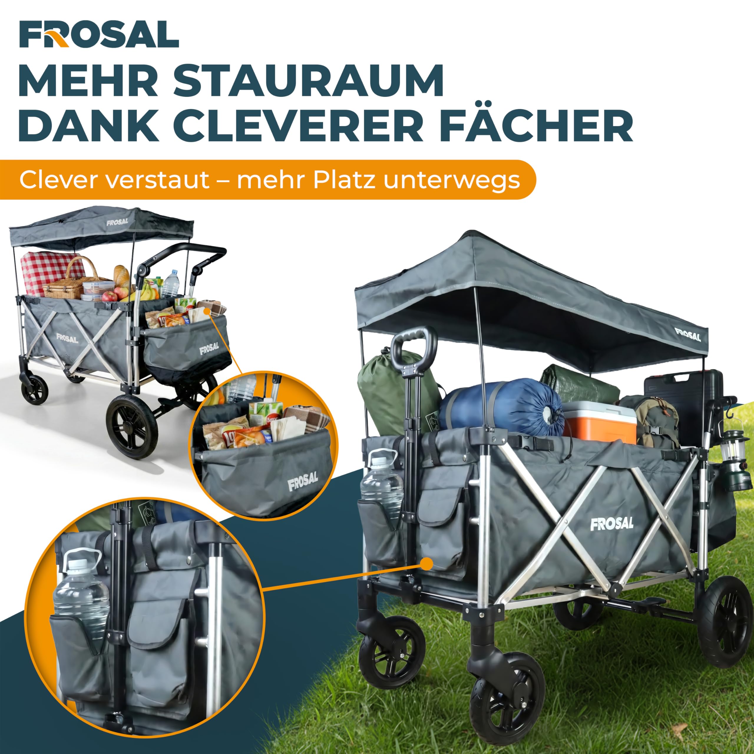 FROSAL Bollerwagen Victor faltbar mit Dach & Bremse – Handwagen klappbar für Kinder, Garten, Camping & Strand – 80kg belastbar, 360° Räder, viel Stauraum, Transportwagen mit Sonnendach
