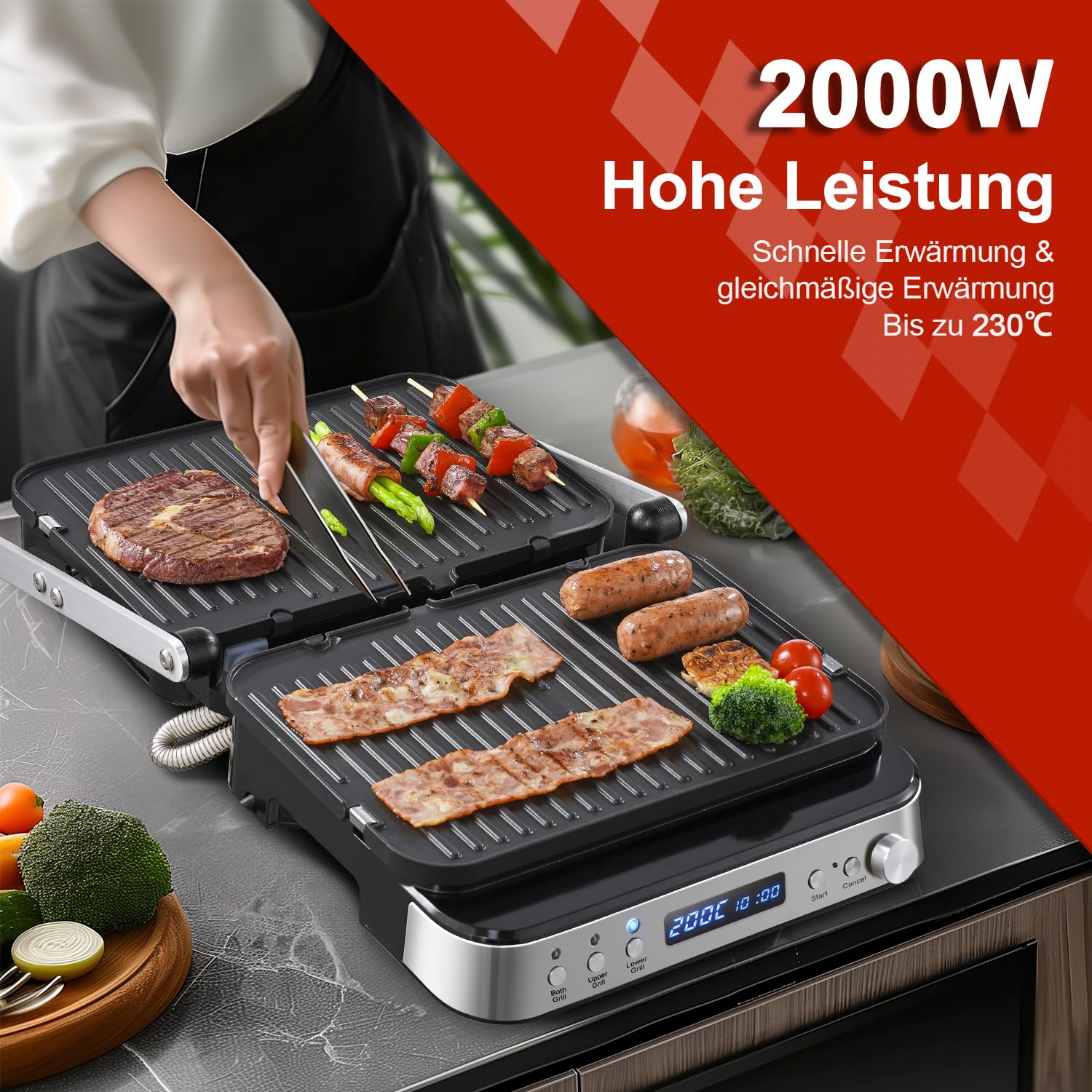 AMZCHEF Kontaktgrill XXL 2000W 4-in-1 Multifunktionsgrill mit Wechselplatten, Panini Grill, Waffeleisen & Sandwichmaker, 80–230°C, Timer, 180° Tischgrill, Antihaft