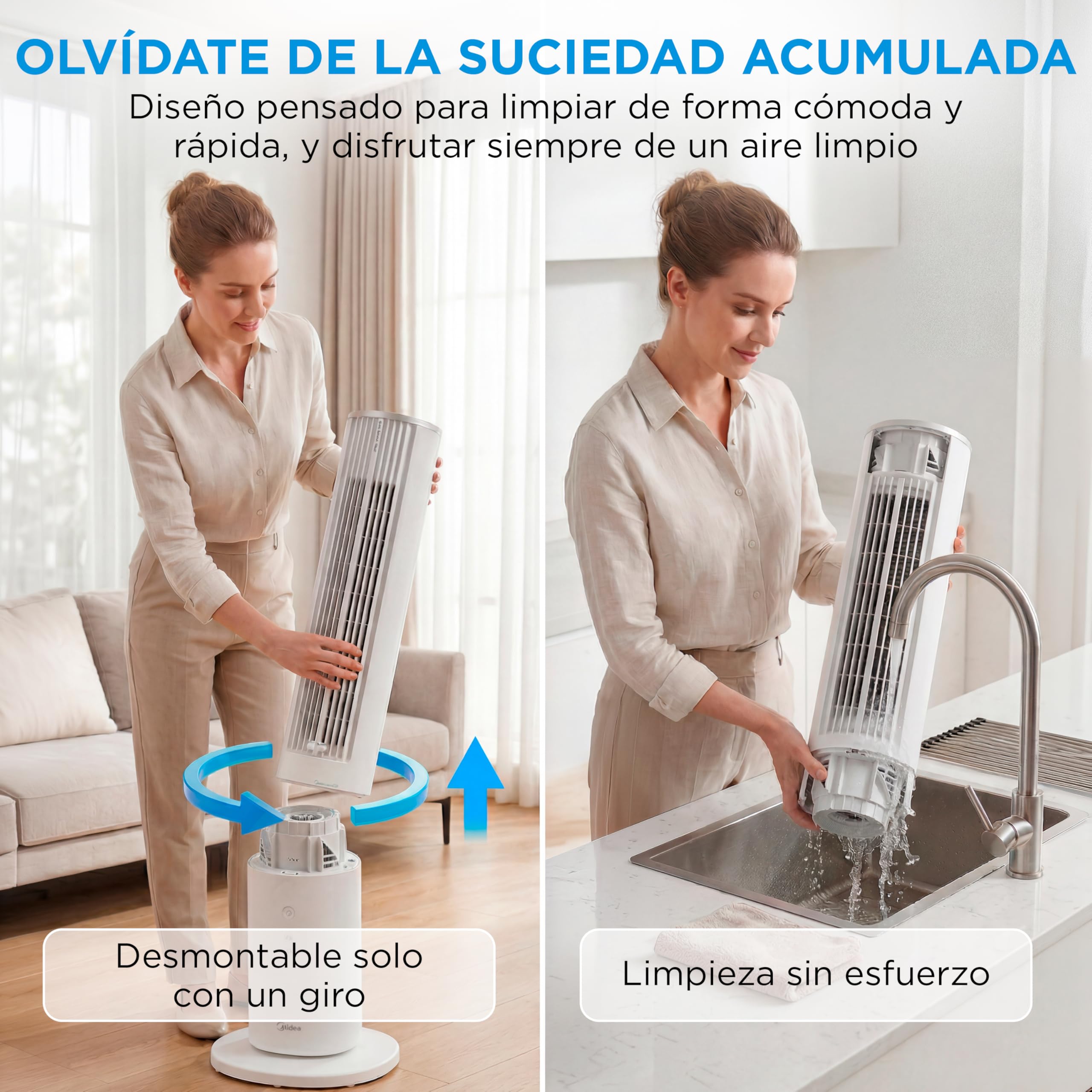 Midea Ventilador Torre con Mando a Distancia de 4 Velocidades - Ventilador de Torre Silencioso con Oscilación 90º, Temporizador 7h, Distancia 9m/s, 2 Modos, con Caja de Aromaterapia y Modo Sleep