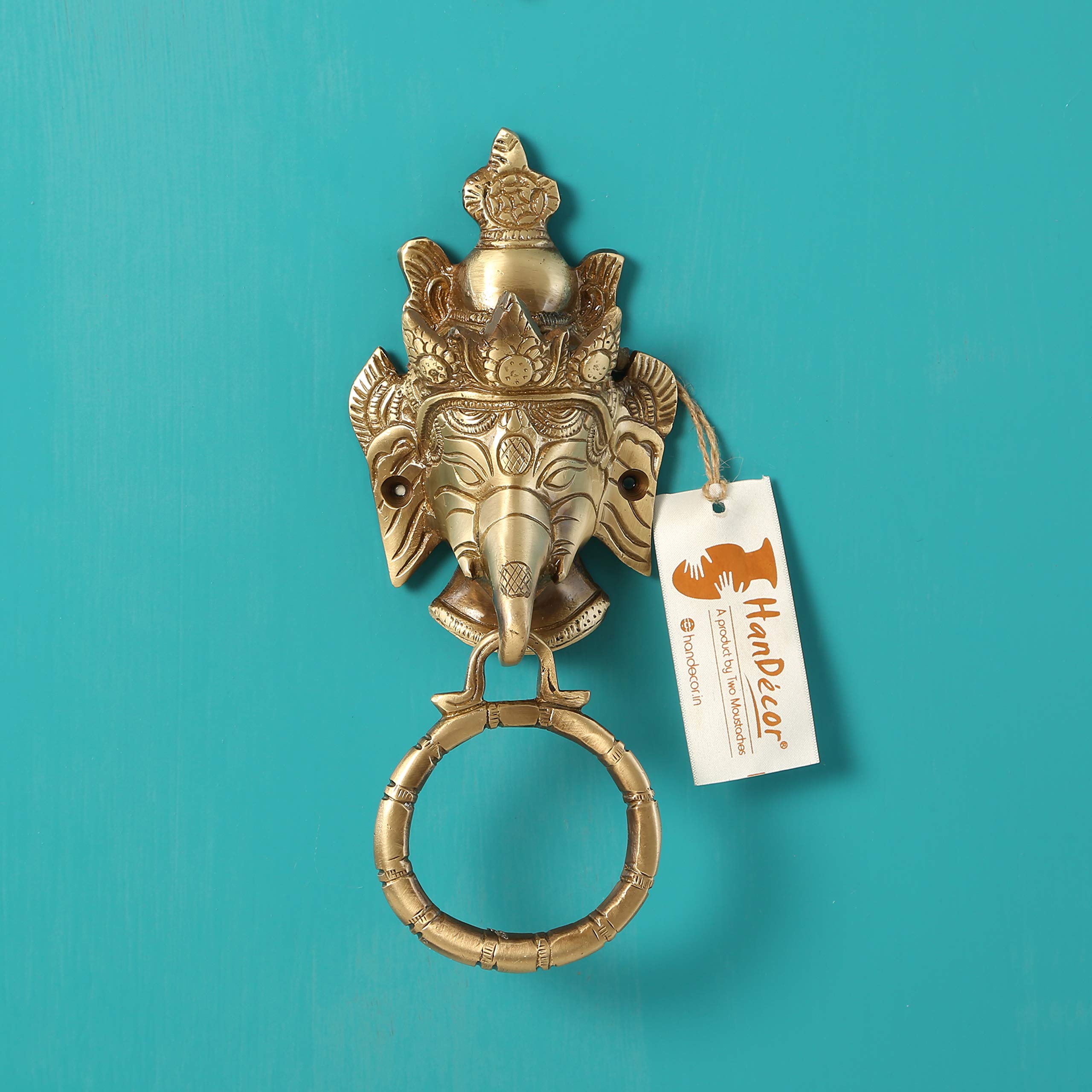 Two Moustaches Crown Ganesha Brass Door Knocker, Front and Main Doors, Pooja Room, Dimensions: Length: 3.5 inches (8.7 cm), Width: 2 inches (5 cm), Height: 8 inches (20 cm) 1